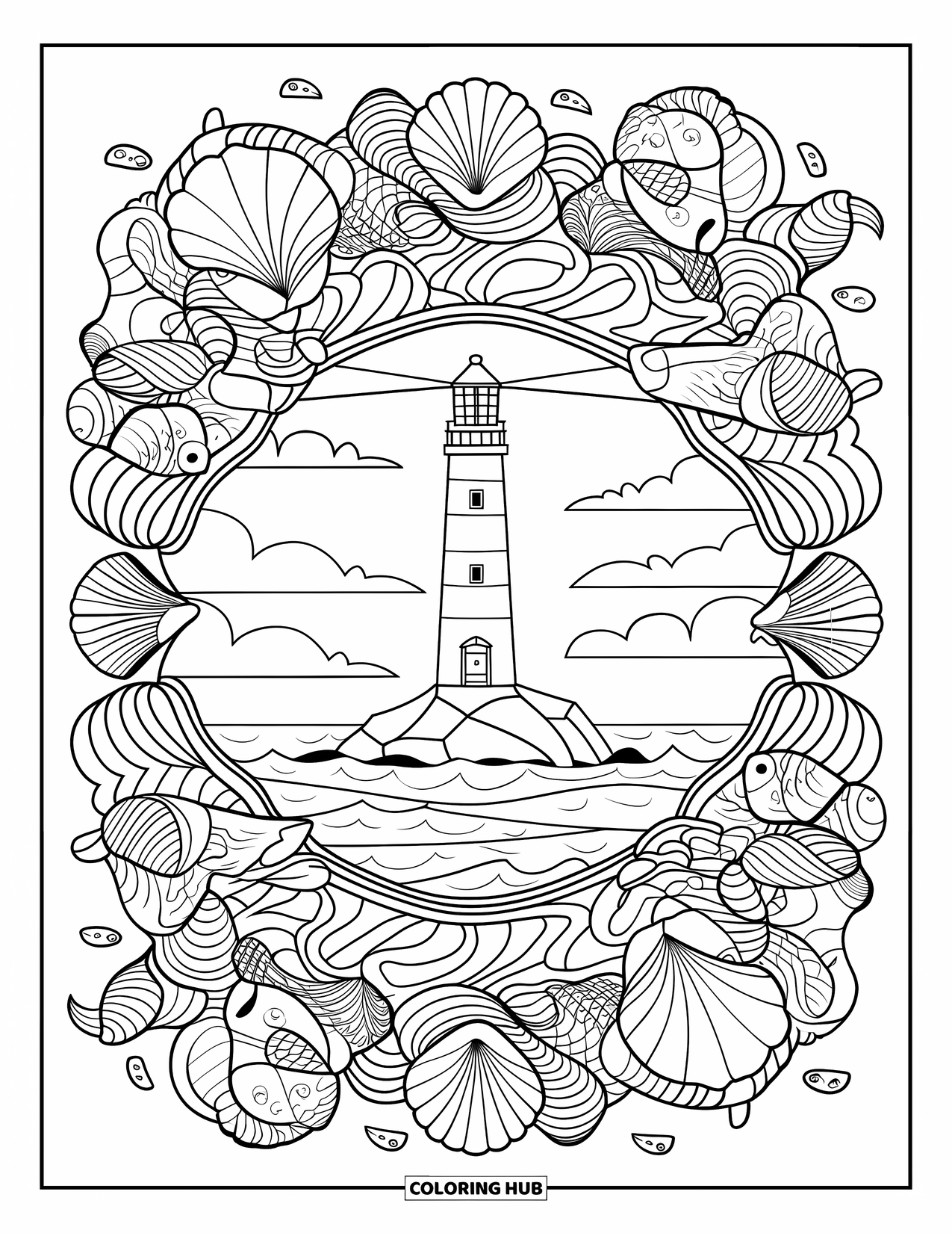 Dibujo de faro para colorear para adultos: Un faro se sienta sobre una roca, enmarcado por patrones de mandala de conchas marinas y olas arremolinadas