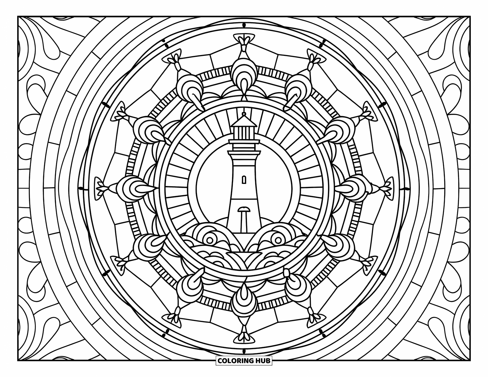 Dibujo de faro para colorear para adultos: Un faro se alza en el centro de un mandala detallado con patrones de temática náutica