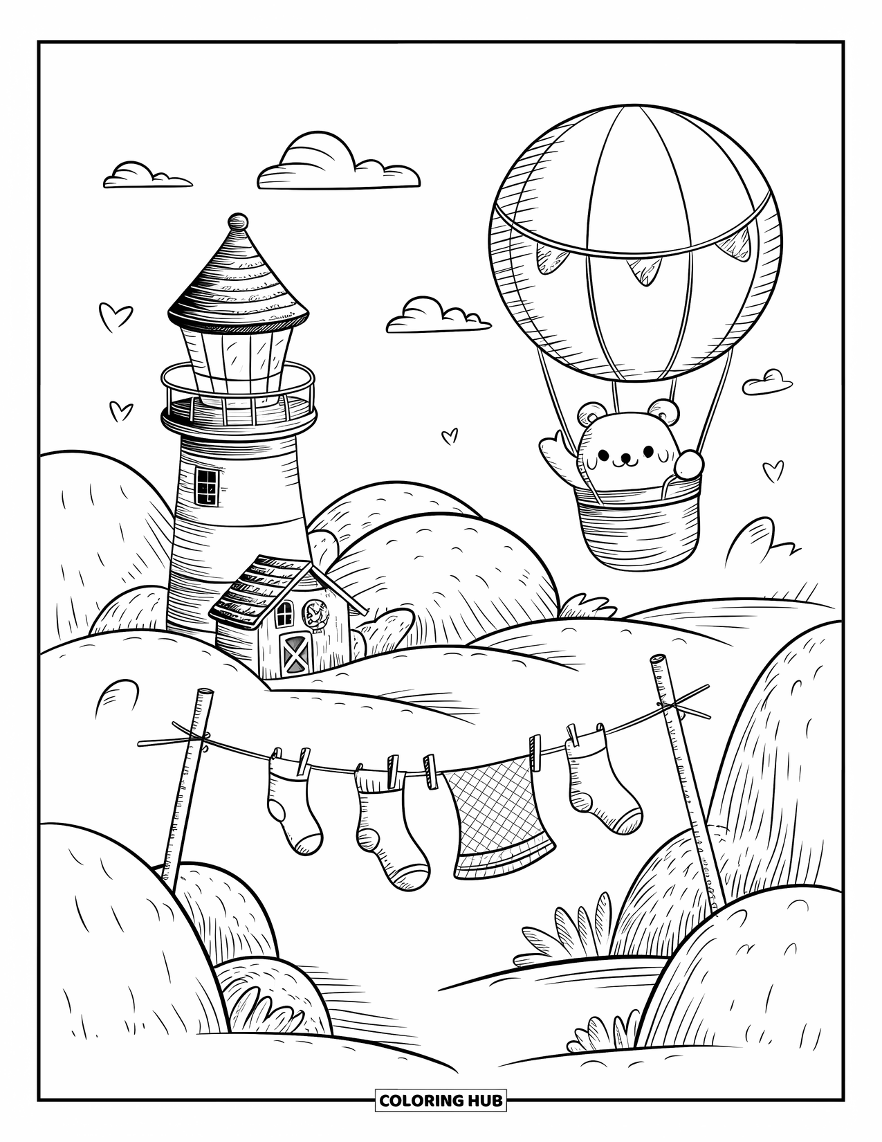 Dibujo de faro para colorear para adultos: Un faro se alza en un paisaje ventoso mientras un pequeño oso saluda desde un globo aerostático a la deriva