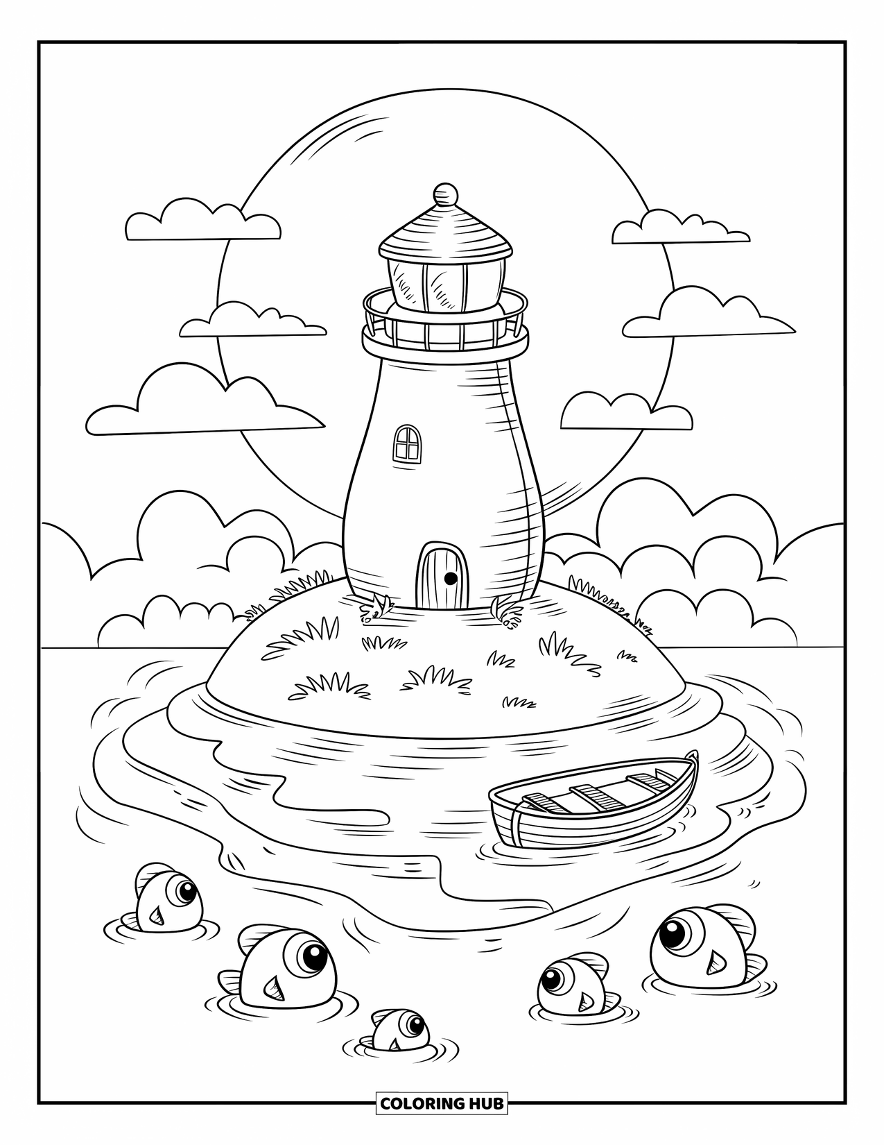 Dibujo de faro para colorear para adultos: Un faro se alza en una isla tranquila, con una luna suave arriba y peces asomándose desde las olas