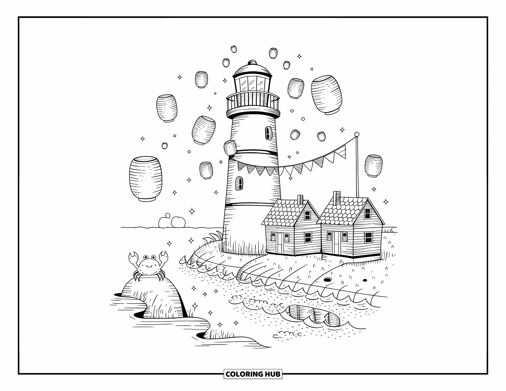 Dibujo de faro para colorear para adultos: Un faro se alza en una orilla tranquila, rodeado de linternas a la deriva y un cangrejo observando