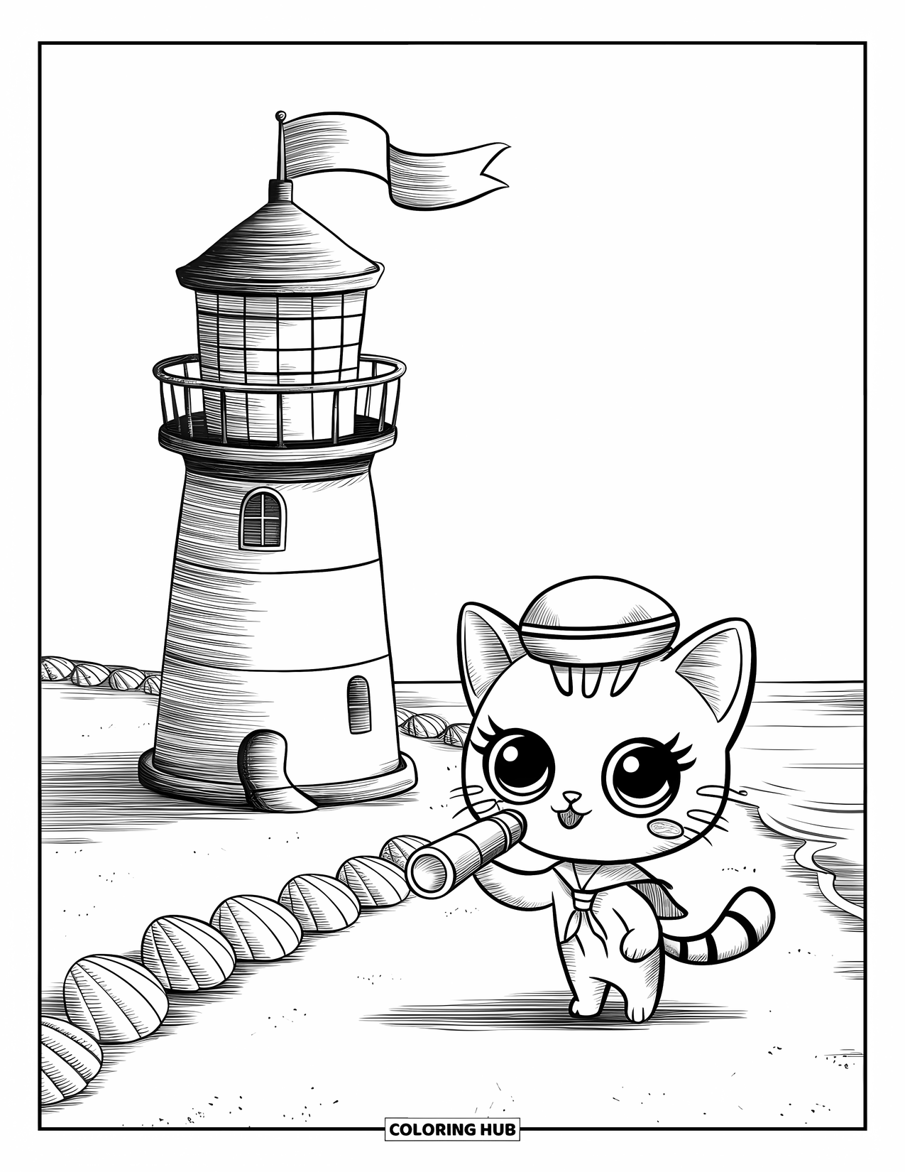 Dibujo de faro para colorear para adultos: Un faro se alza en la orilla mientras un pequeño gato marinero, con un sombrero, mira a través de un telescopio