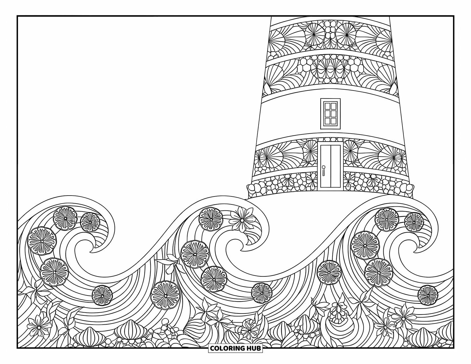 Dibujo para colorear de un faro para adultos: Un faro se alza sobre olas decoradas con patrones florales, de cachemira y con forma de concha