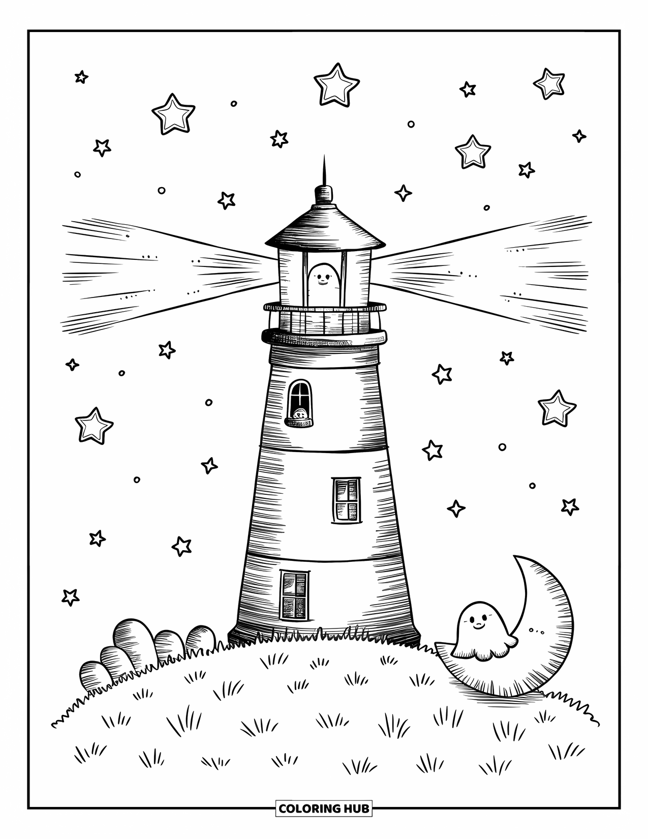 Dibujo de faro para colorear para adultos: Un faro se alza bajo un cielo de ensueño, con un pequeño fantasma asomándose y sosteniendo una linterna