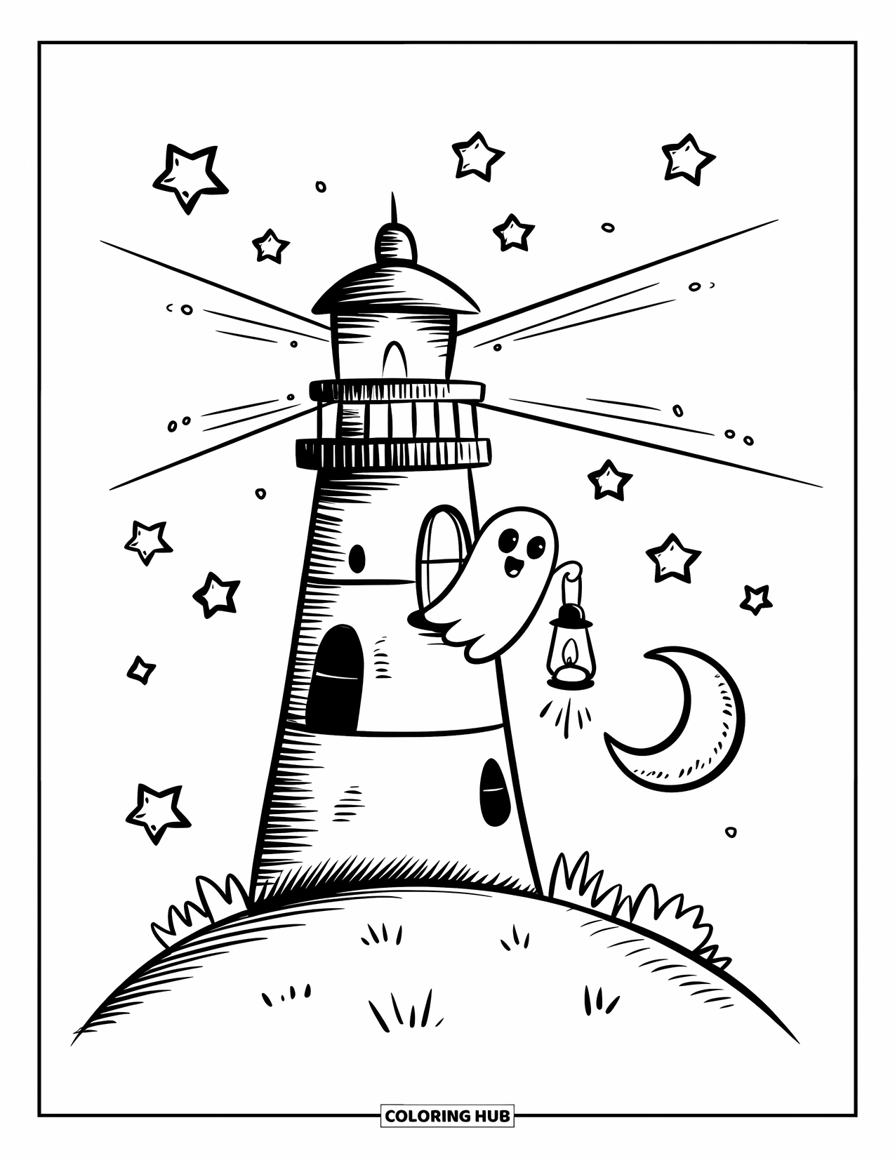 Dibujo de faro para colorear para adultos: Un faro se alza bajo estrellas flotantes, con un pequeño fantasma asomándose y sosteniendo una linterna