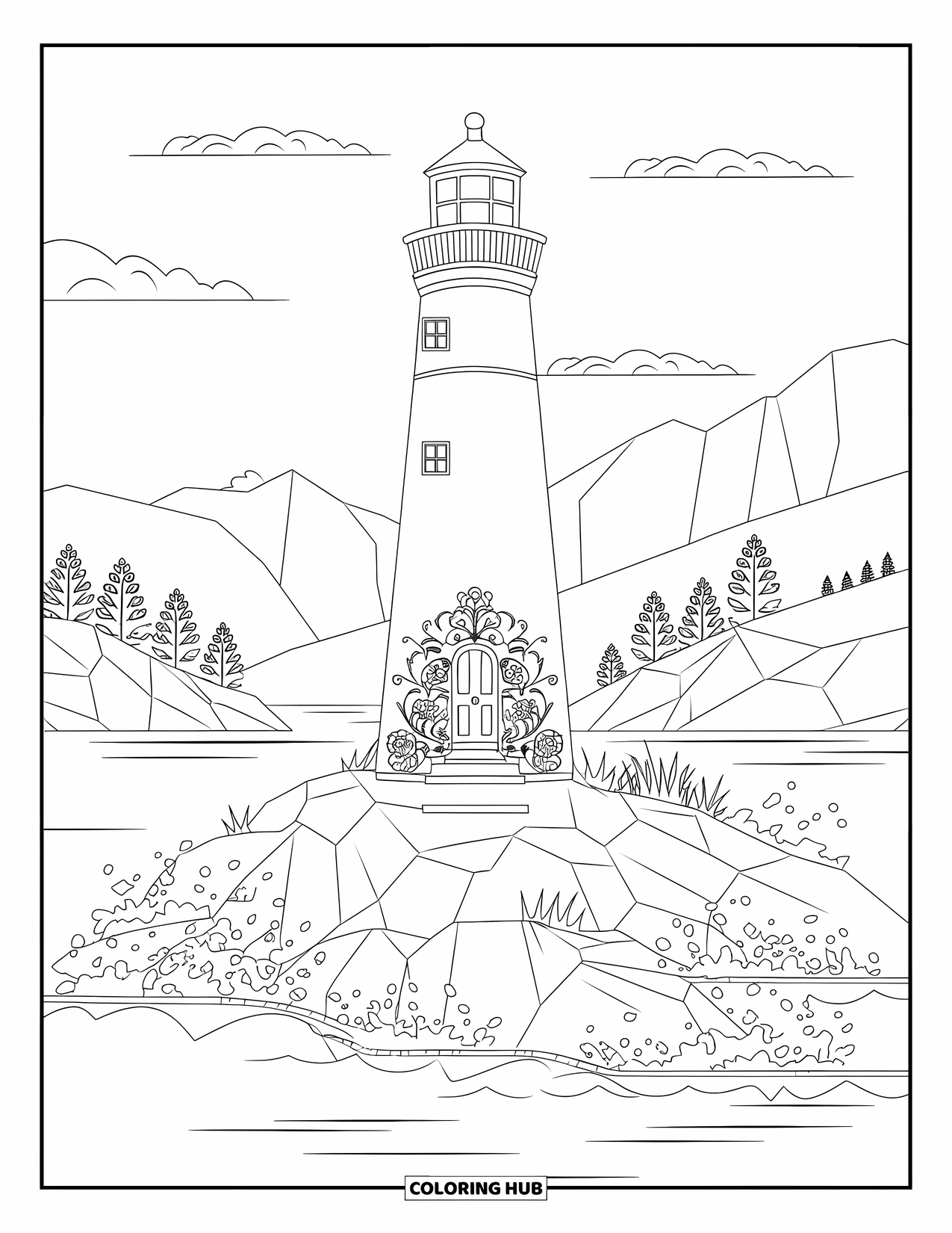 Dibujo de faro para colorear para adultos: Un faro se alza con diseños florales alrededor de su entrada, con vistas a un paisaje marino tranquilo
