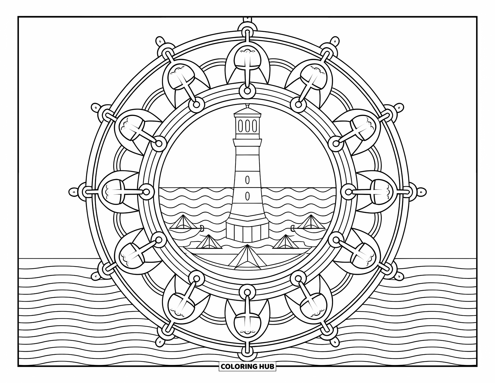Dibujo para colorear de un faro para adultos: Un faro se alza dentro de un mandala, rodeado de anclas, barcos y olas oceánicas arremolinadas