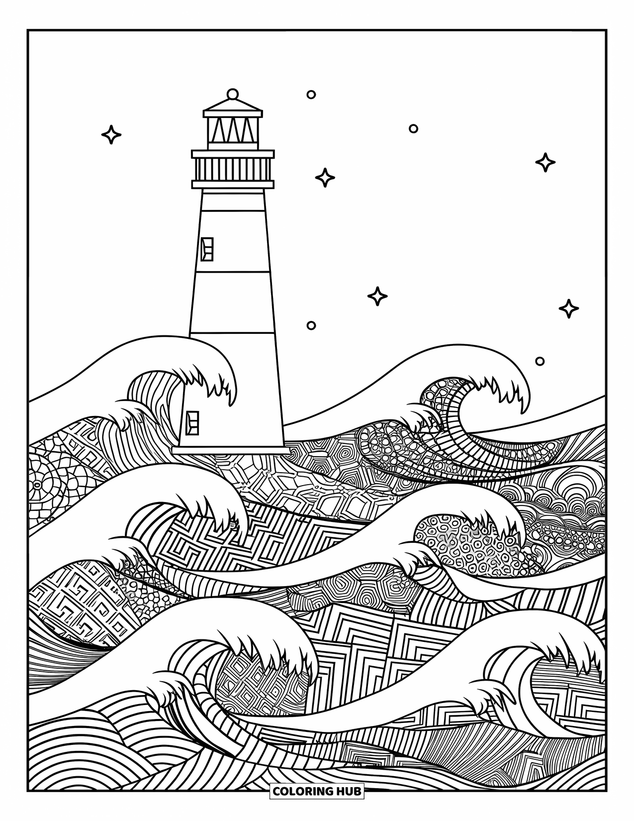 Dibujo para colorear de un faro para adultos: Un faro se eleva sobre olas estilizadas, cada una llena de distintos patrones decorativos