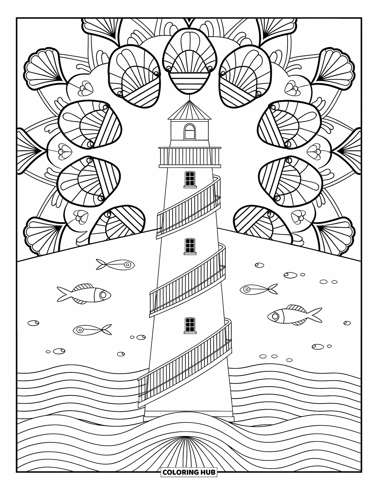 Dibujo para colorear de un faro para adultos: Un faro con una escalera de caracol se alza en medio de un mandala detallado de diseños inspirados en el océano