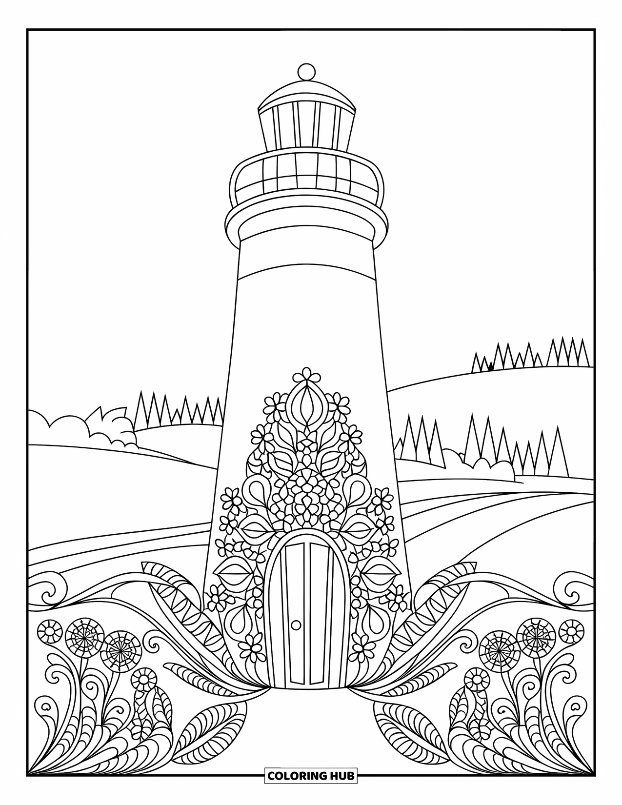 Dibujo de faro para colorear para adultos: Un faro con elementos florales decorativos se alza sobre una colina rodeada de árboles y agua