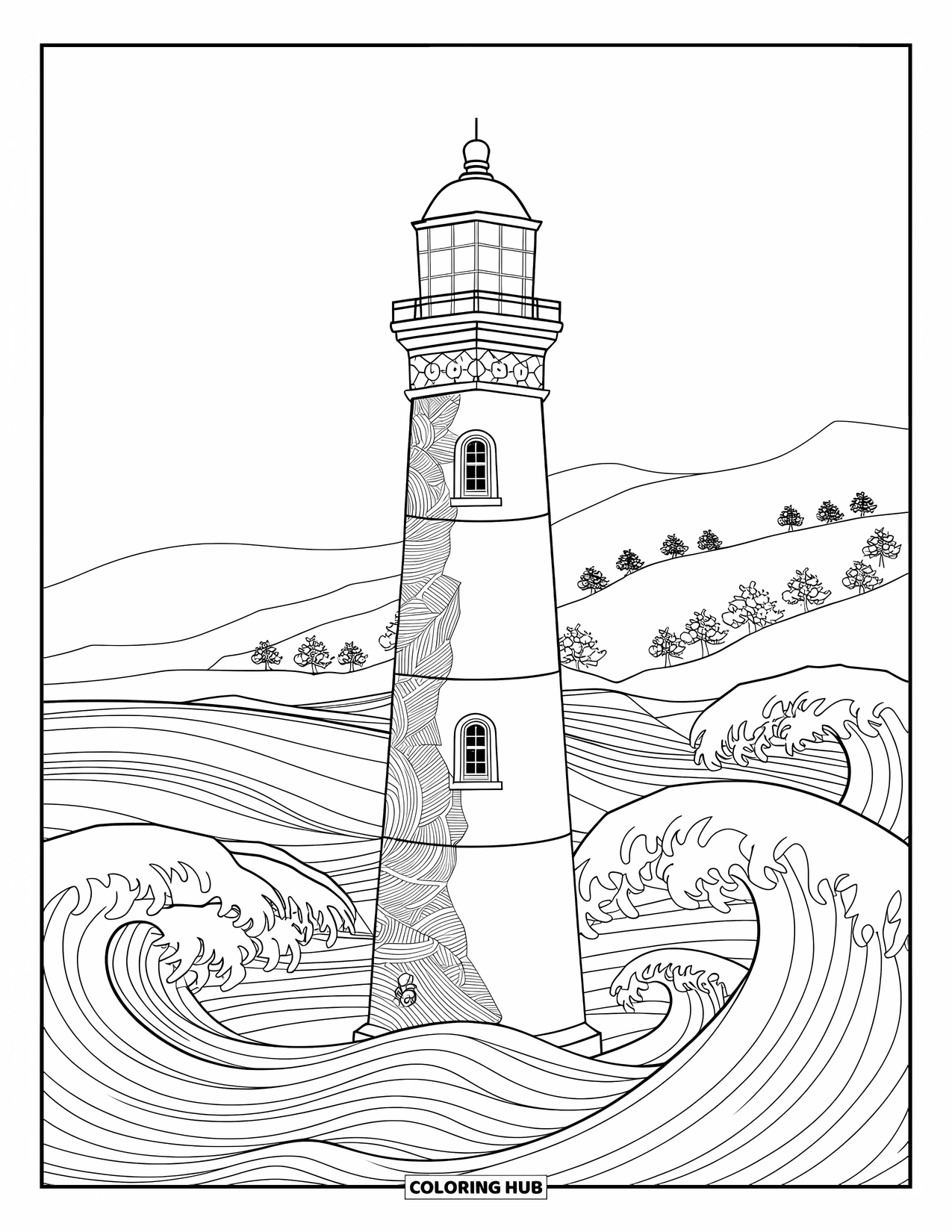 Dibujo de faro para colorear para adultos: Un faro con patrones decorativos se alza alto, rodeado de olas estilizadas y nubes suaves