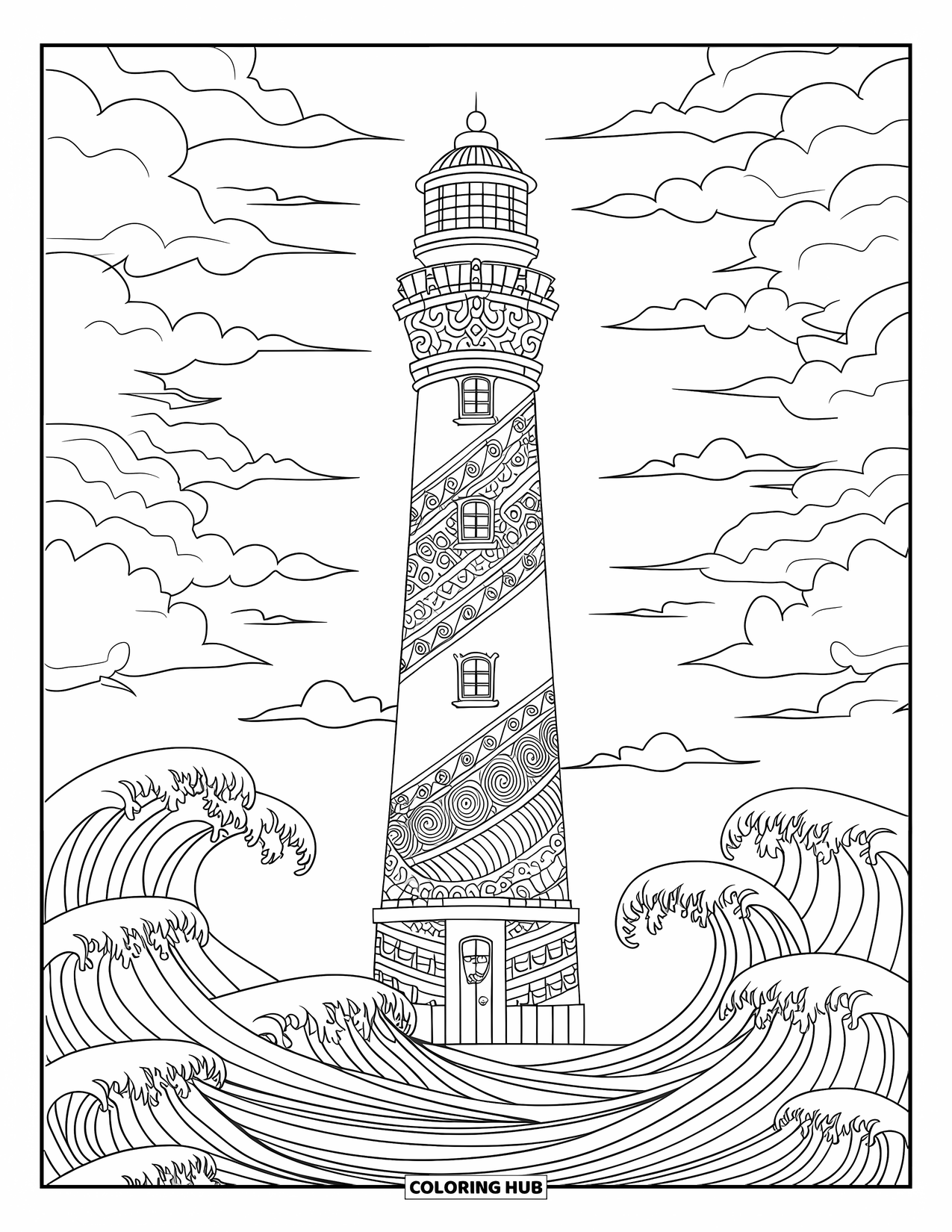 Dibujo de faro para colorear para adultos: Un faro con patrones detallados en sus paredes se alza en medio de olas arremolinadas