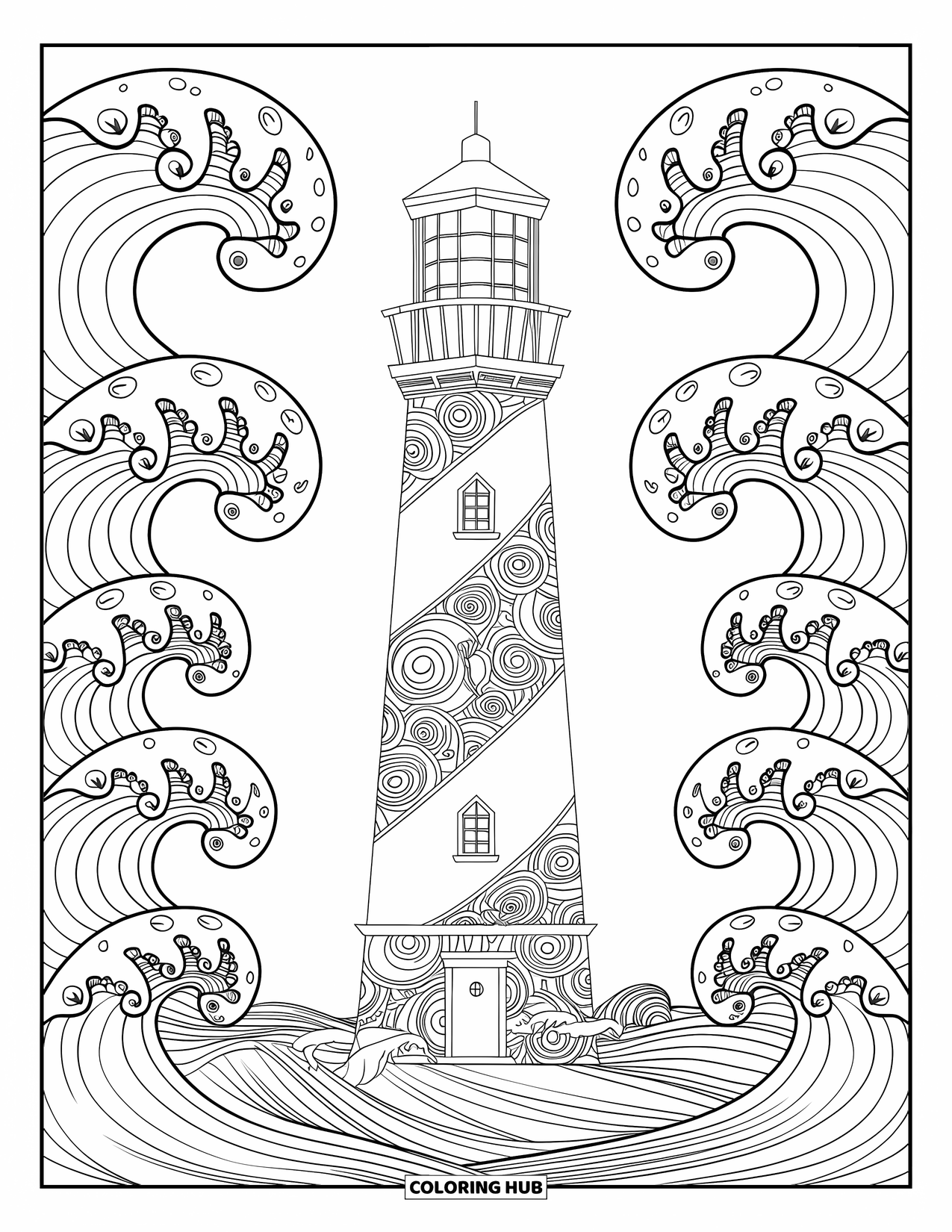 Dibujo para colorear de un faro para adultos: Un faro con patrones intrincados se eleva sobre las ondulantes olas del océano bajo un cielo nublado