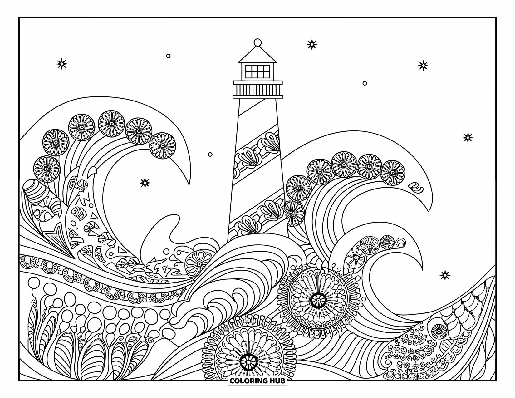 Dibujo de faro para colorear para adultos: Un faro con intrincados patrones de olas se alza contra un cielo despejado salpicado de estrellas