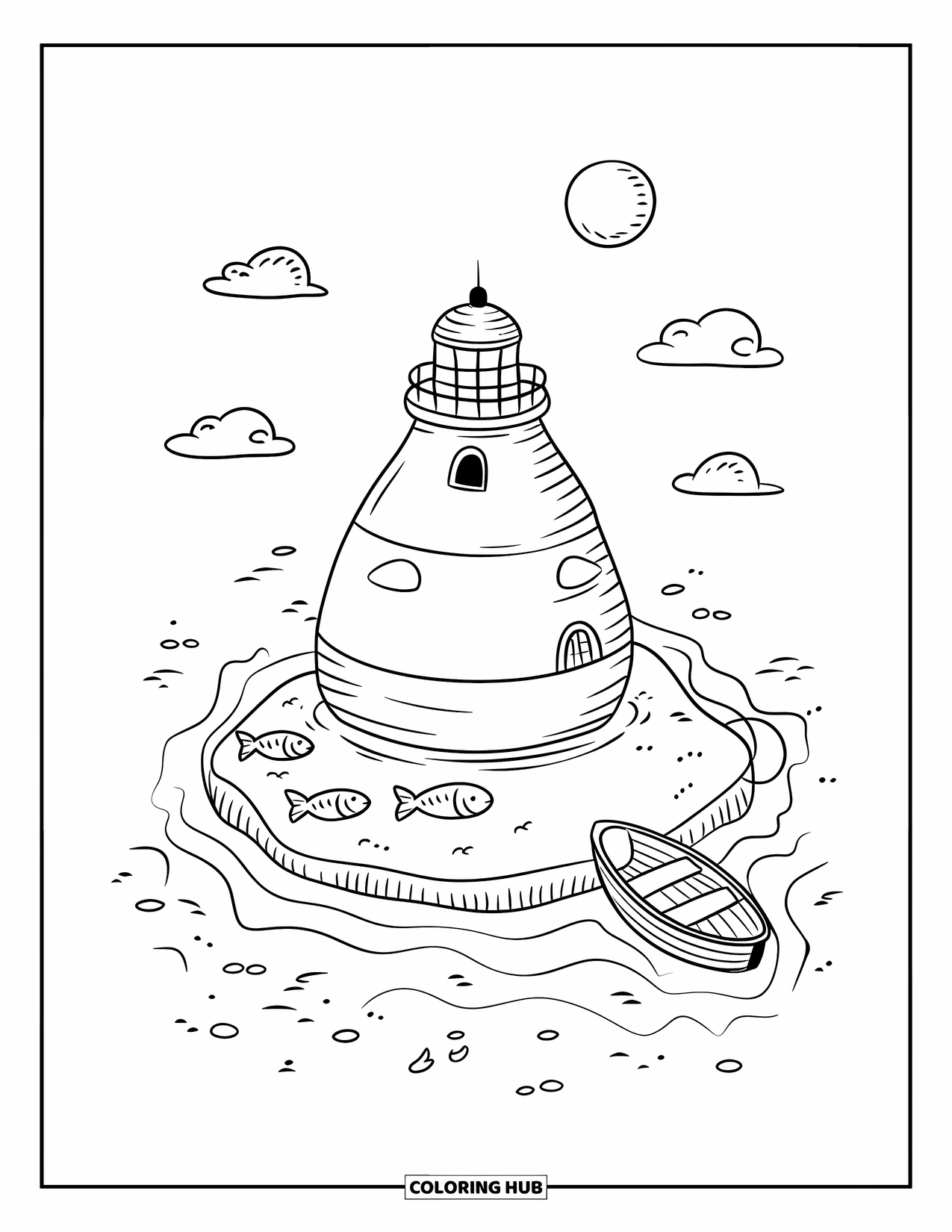 Dibujo de faro para colorear para adultos: Un faro redondeado descansa sobre una isla flotante, con peces curiosos asomándose por encima de las olas suaves