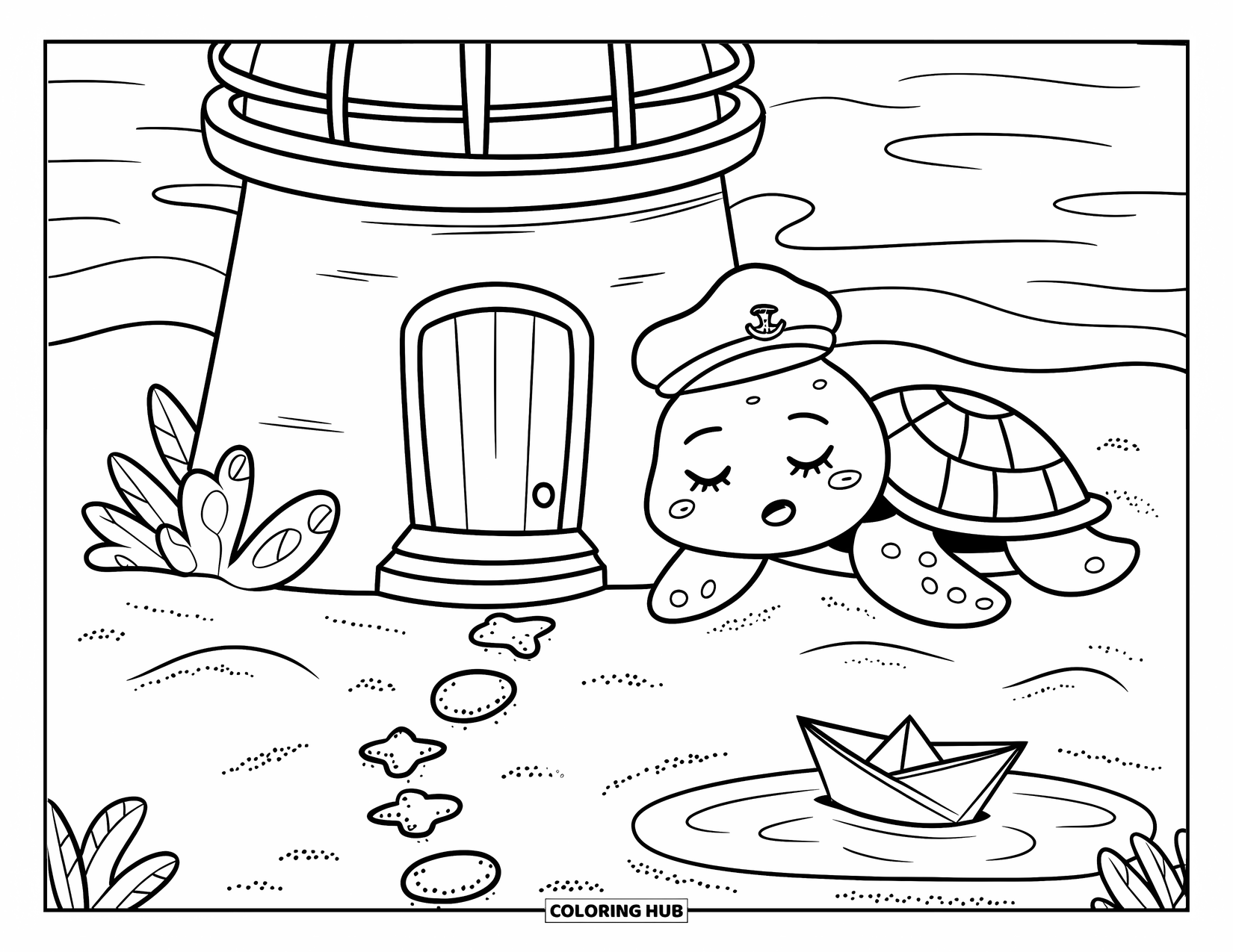 Dibujo de faro para colorear para adultos: Un faro redondeado se sienta en una orilla arenosa junto a una tortuga marina somnolienta con un sombrero de marinero