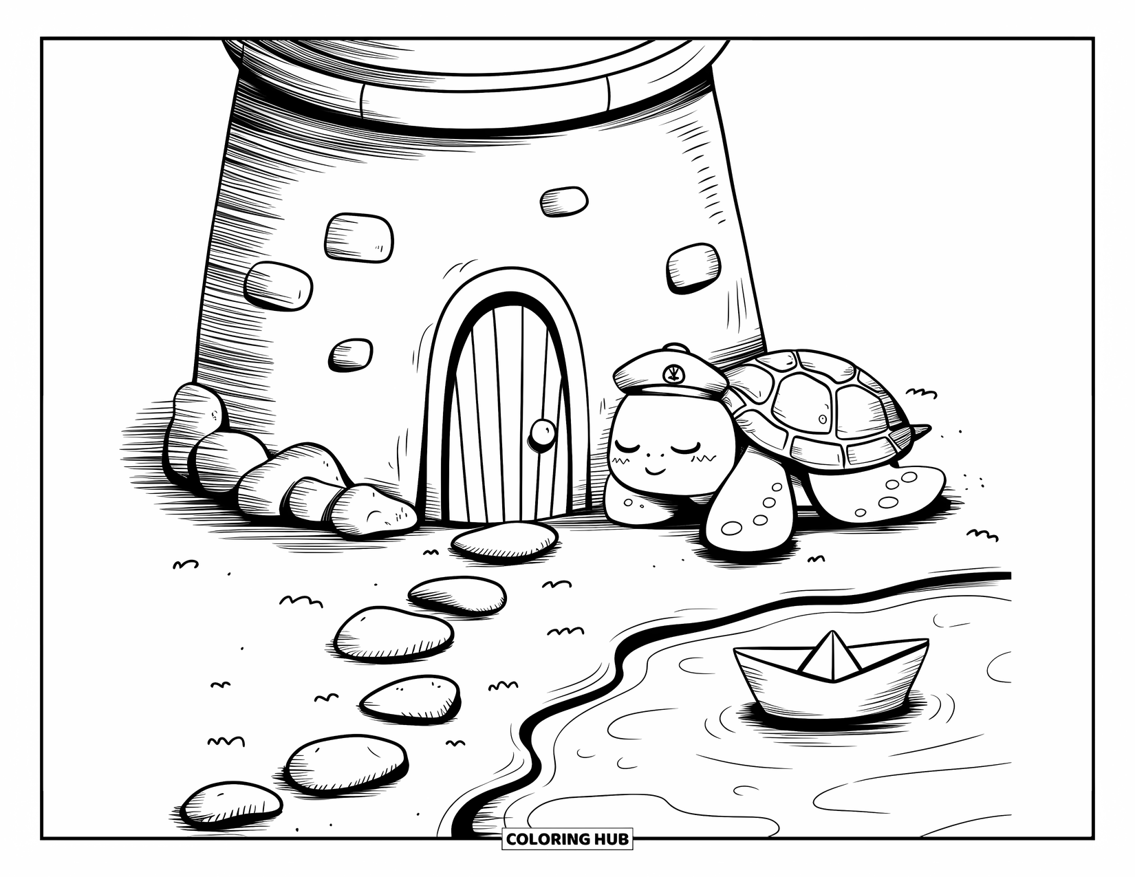 Dibujo de faro para colorear para adultos: Un pequeño faro se alza en la orilla, con una tortuga marina somnolienta descansando cerca