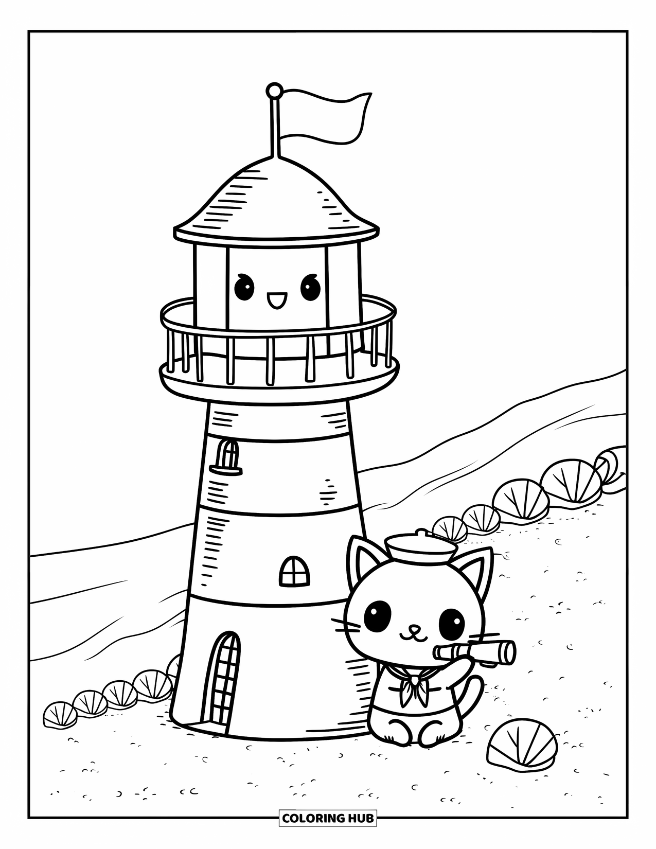Dibujo de faro para colorear para adultos: Un pequeño gato marinero se sienta junto a un faro, mirando a través de un telescopio hacia el mar abierto