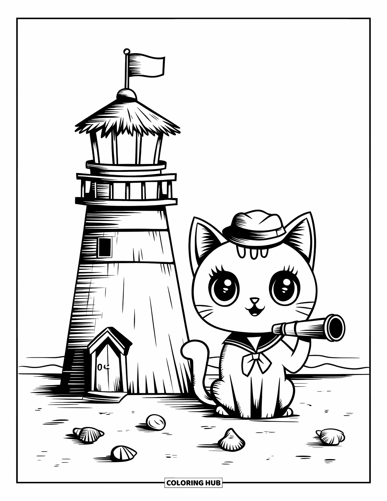 Dibujo de faro para colorear para adultos: Un pequeño gato marinero observa el mar a través de un telescopio junto a un faro que ondea una pequeña bandera