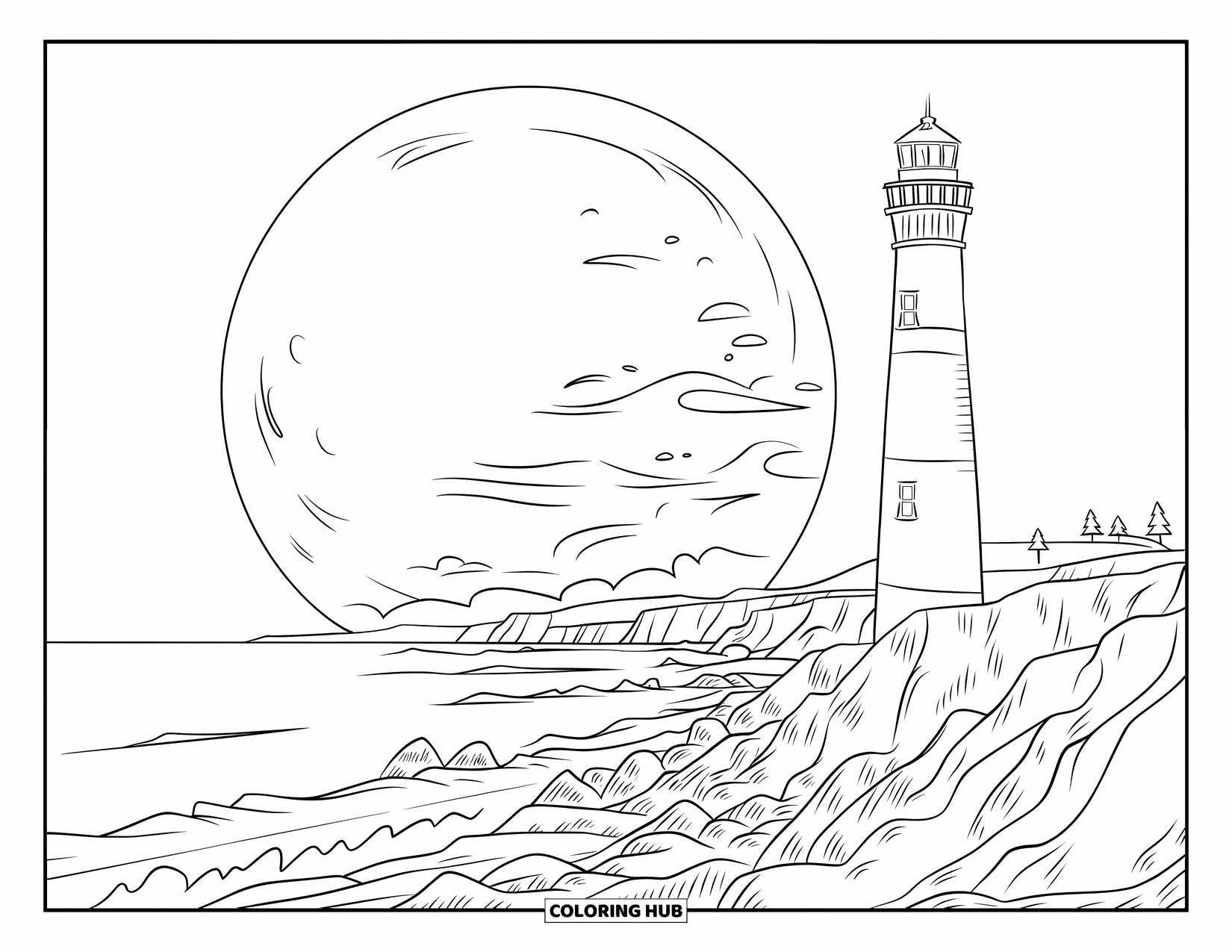 Dibujo de faro para colorear para niños: Una luna brillante se alza detrás del faro, proyectando luz sobre las olas que rompen contra la orilla