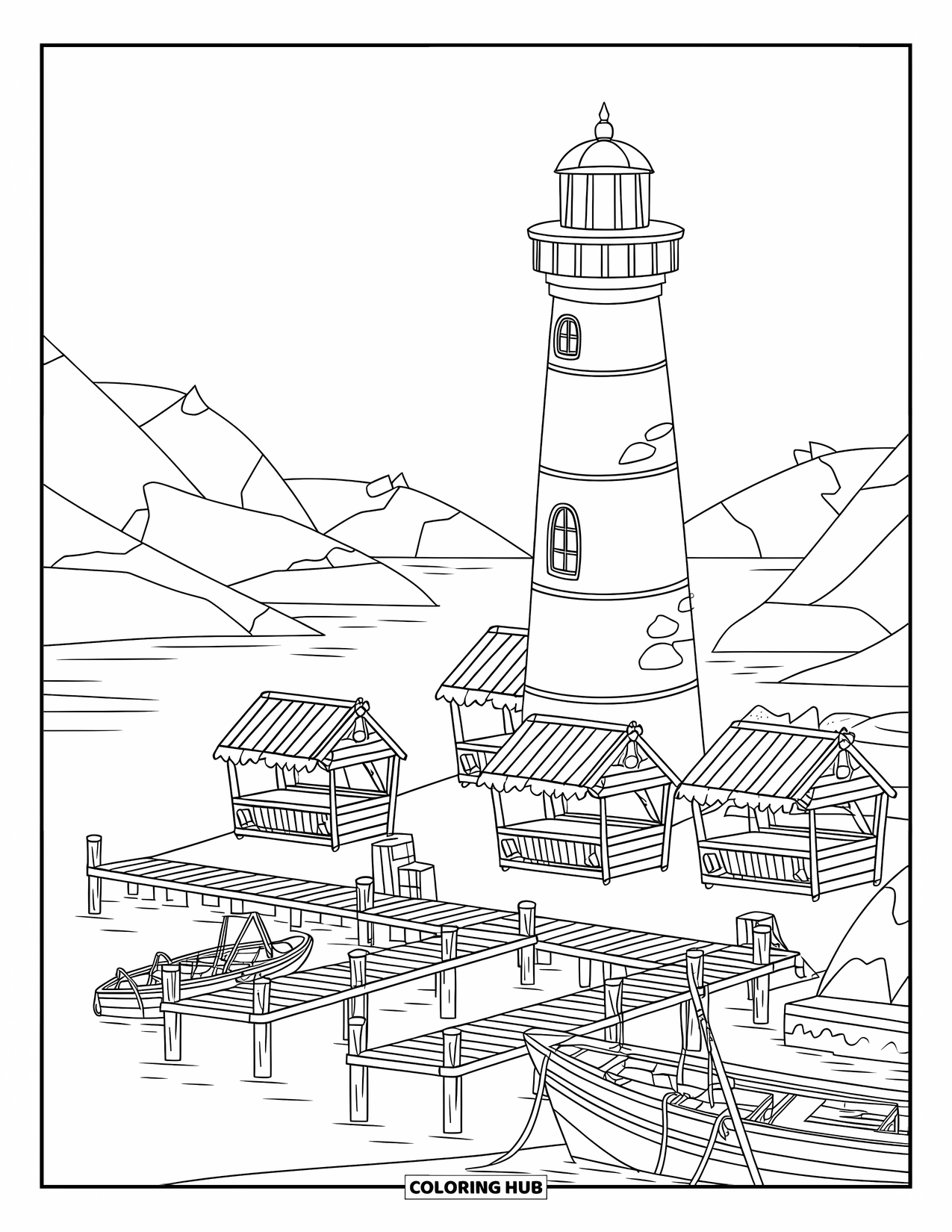 Dibujo de faro para colorear para niños: Un bullicioso pueblo portuario rodea el faro, con muelles de madera y animados puestos de mercado