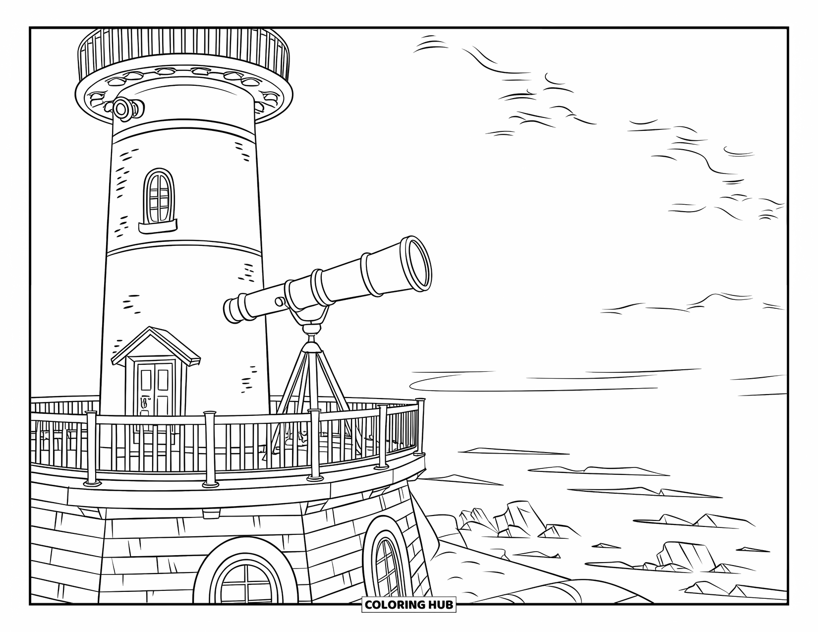 Dibujo de faro para colorear para niños: Un faro cilíndrico con un balcón de madera y un telescopio mira hacia el vasto océano abierto