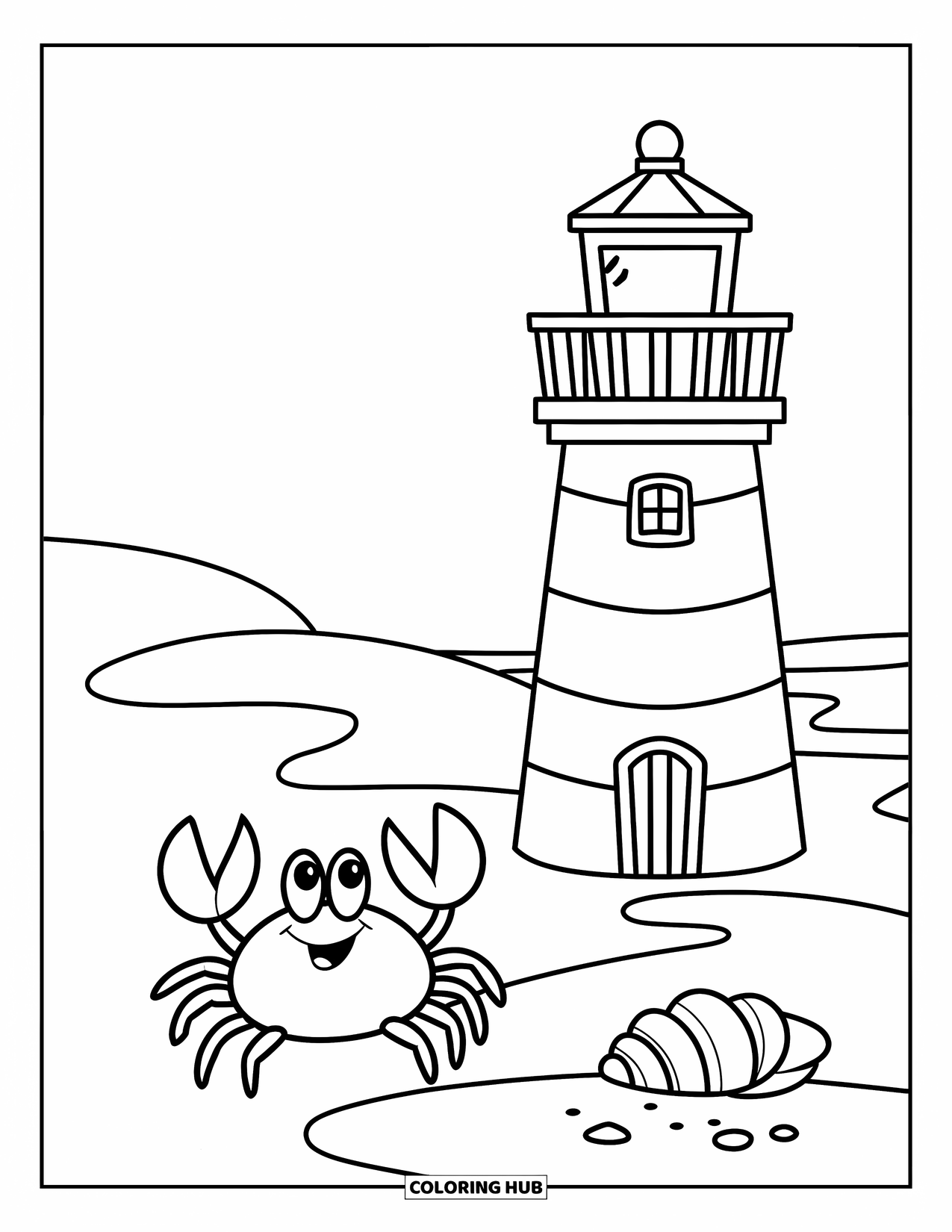 Dibujo de faro para colorear para niños: Un faro junto a la playa vigila un cangrejo y una concha marina que descansan en la arena