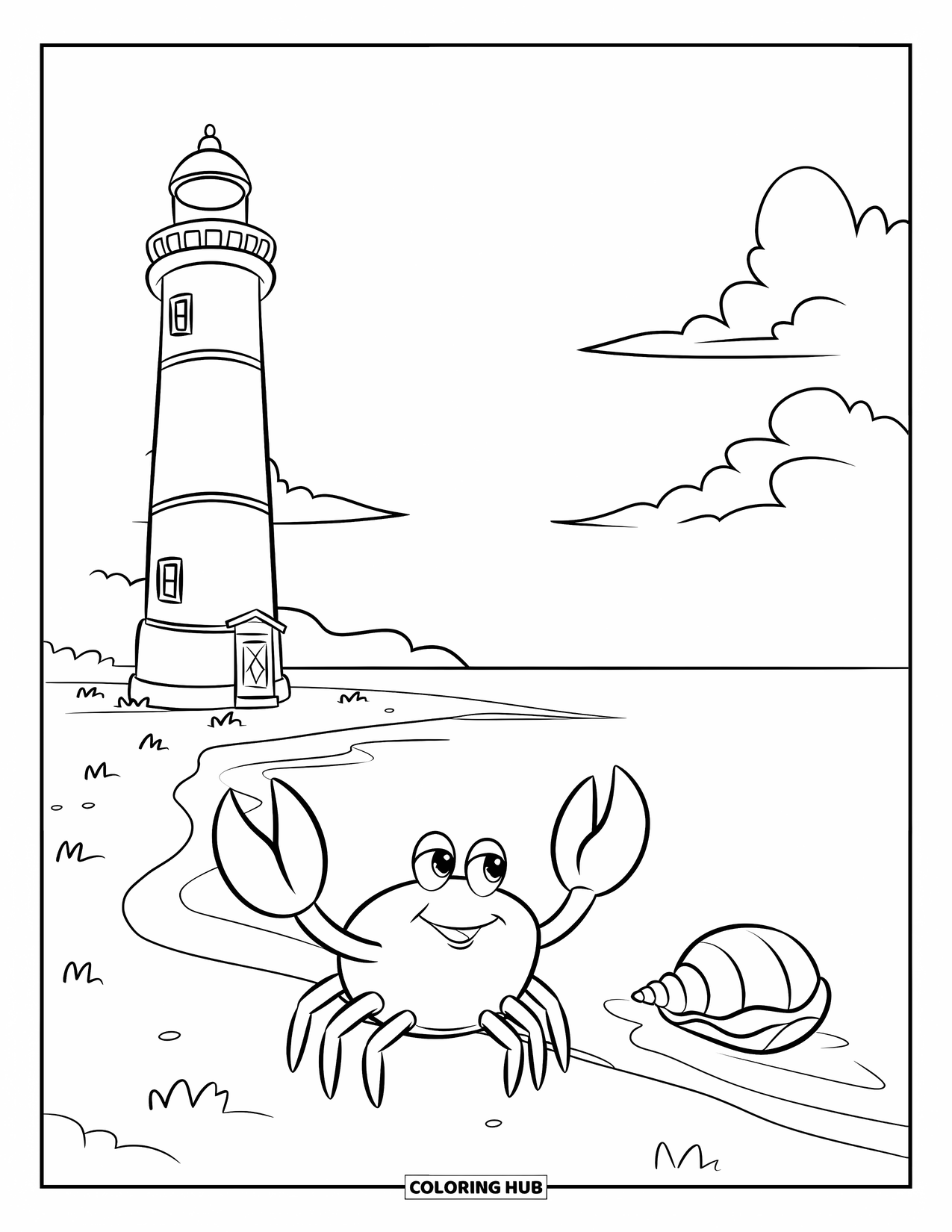 Dibujo de faro para colorear para niños: Un faro cerca de una playa tranquila se alza bajo un cielo con nubes suaves y un horizonte