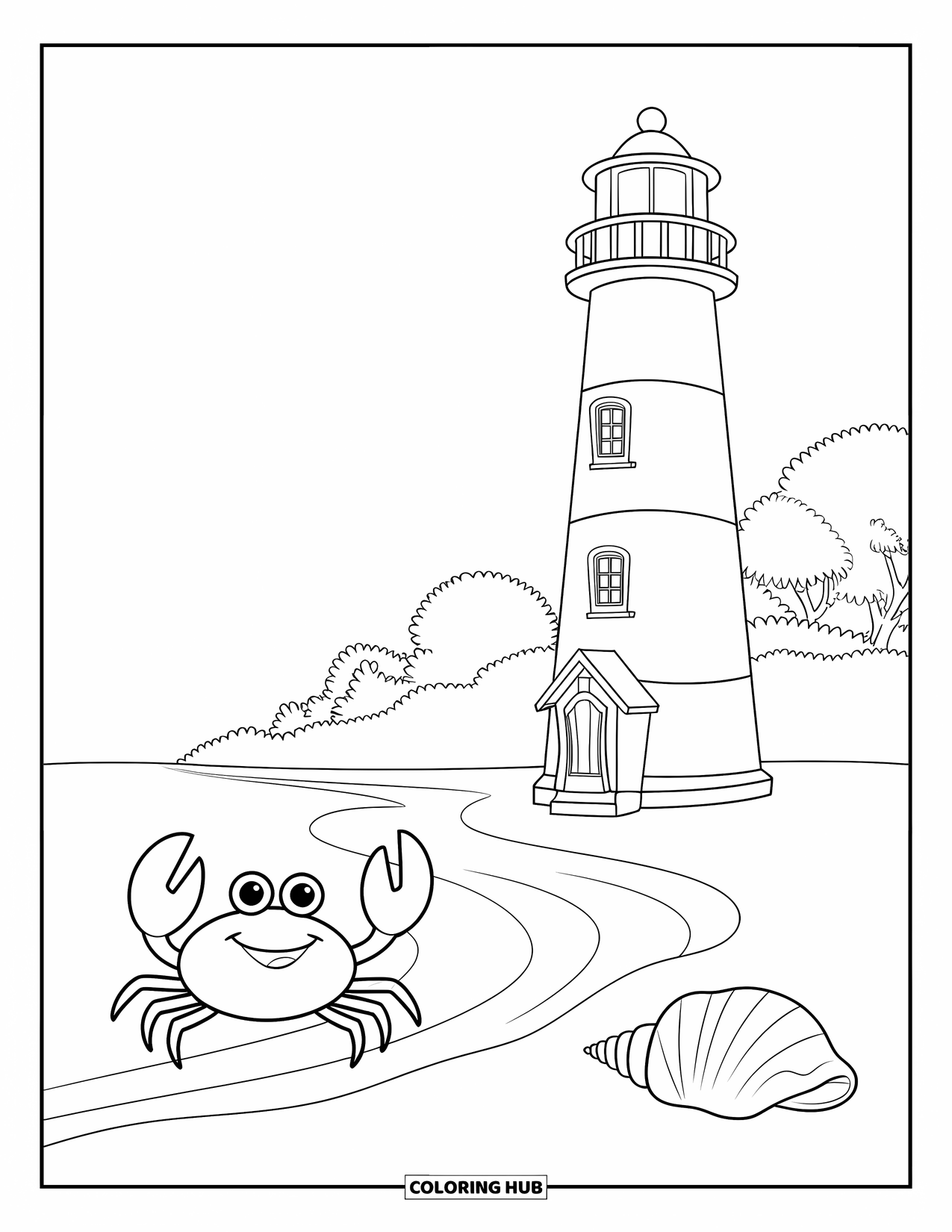 Dibujo de faro para colorear para niños: Un faro cerca de una orilla arenosa vigila un cangrejo y una concha marina cerca del agua tranquila
