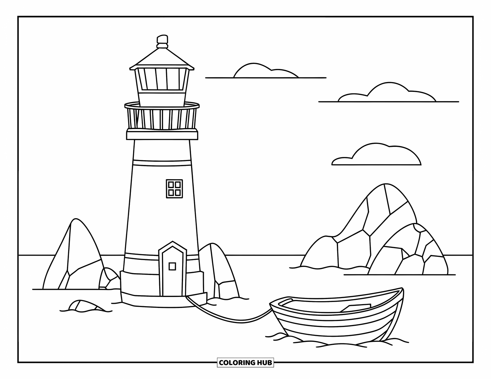 Dibujo de faro para colorear para niños: Un faro brilla intensamente mientras un bote se desplaza cerca, atado a la costa rocosa