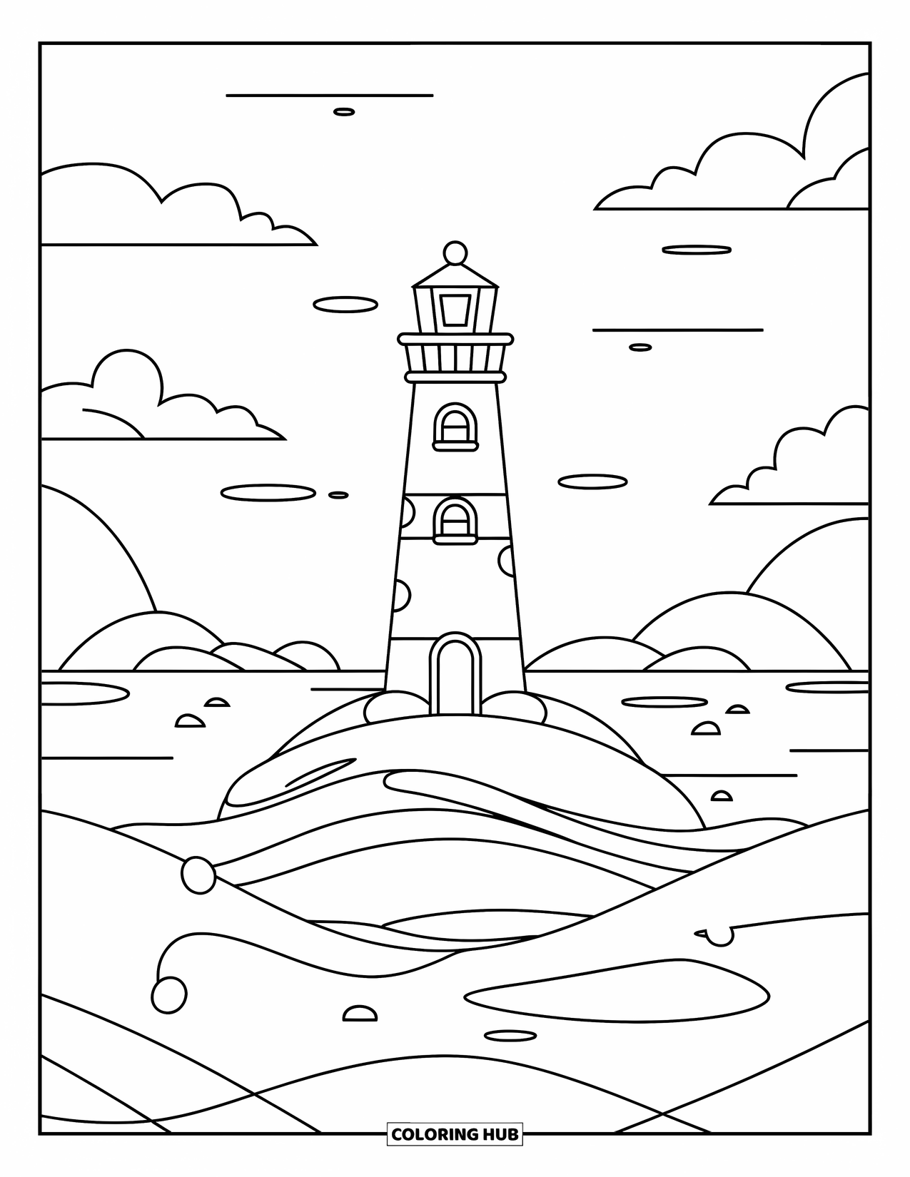 Dibujo de faro para colorear para niños: Un faro se alza solo en una pequeña isla, rodeado de olas suaves y nubes esponjosas