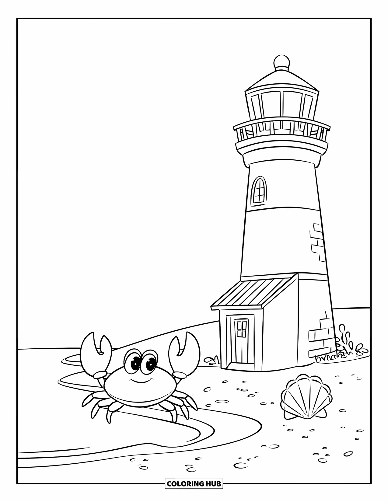 Dibujo de faro para colorear para niños: Un faro se alza en una playa de arena, donde un cangrejo amigable y una concha marina descansan junto a la orilla