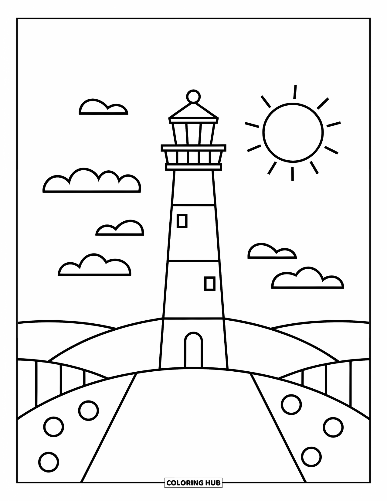 Dibujo de faro para colorear para niños: Un faro se alza sobre una pequeña colina, con el sol y las nubes llenando el fondo