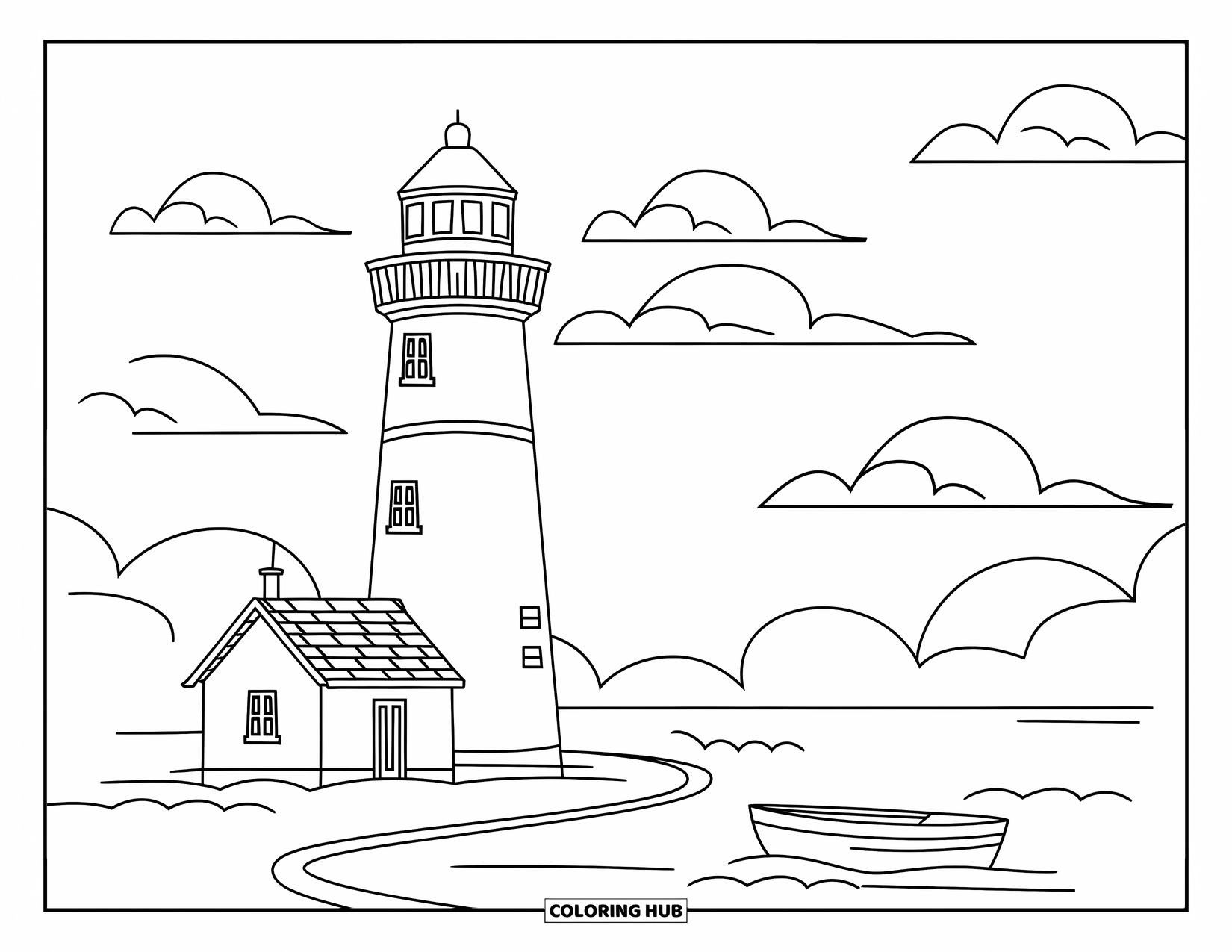 Dibujo de faro para colorear para niños: Un faro con un bote atado a él se sienta pacíficamente mientras nubes esponjosas se desplazan por encima