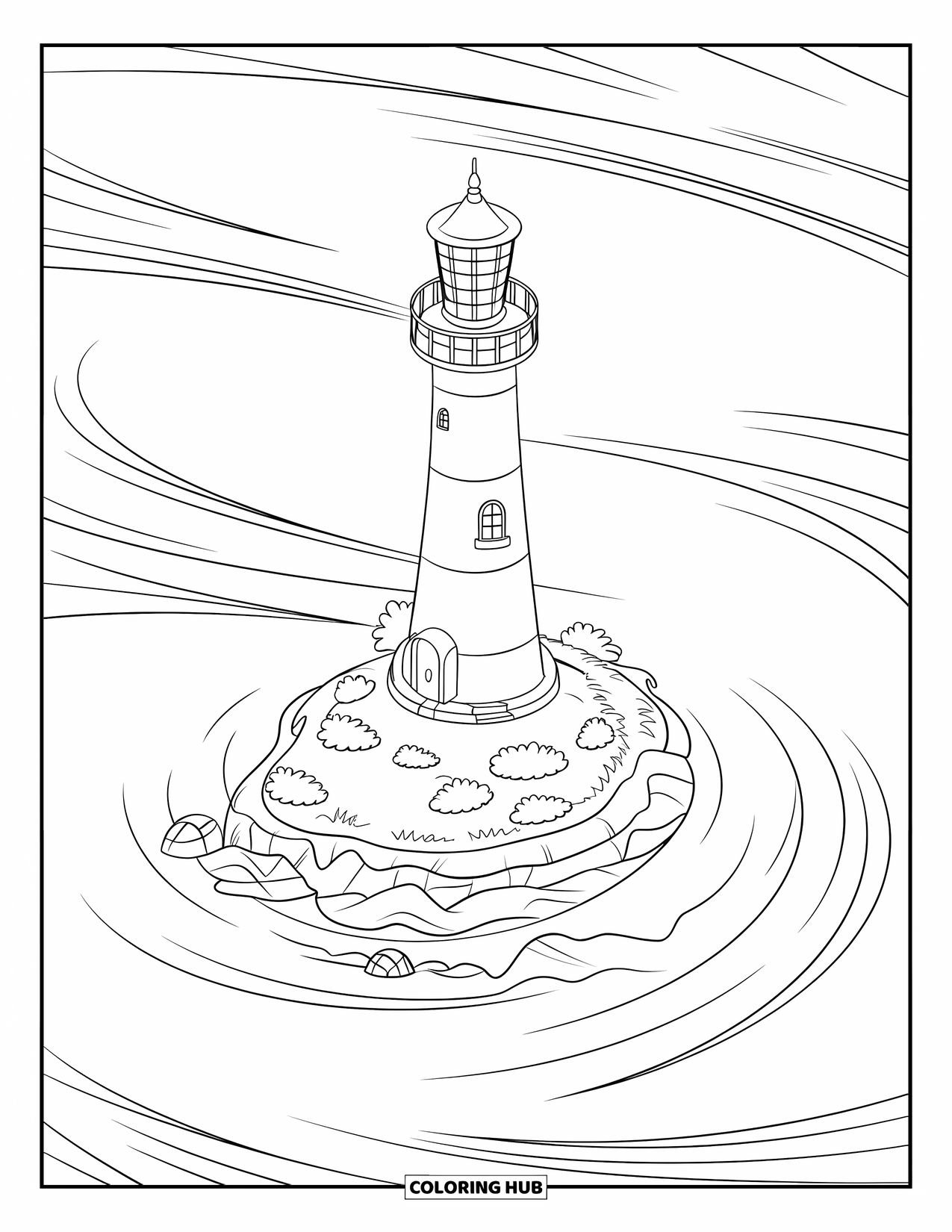 Dibujo de faro para colorear para niños: Un faro con una base circular y un techo cónico se alza sobre una isla con exuberante vegetación