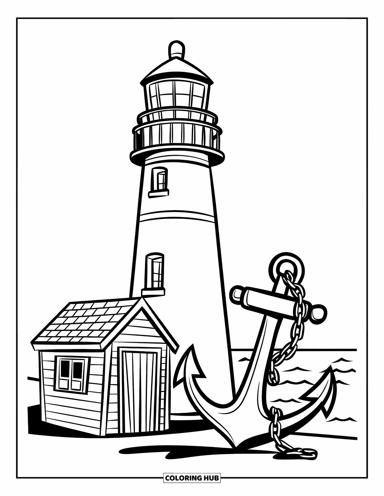 Dibujo de faro para colorear para niños: Un faro con un techo cónico se alza junto a la cabaña de un pescador, con un ancla descansando cerca