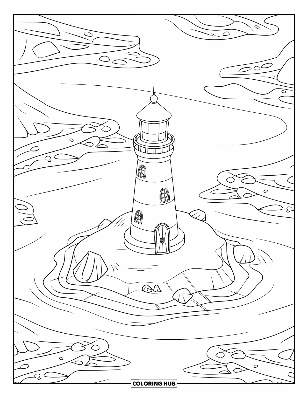 Dibujo de faro para colorear para niños: Un faro con un techo cónico se alza sobre una pequeña isla, con olas que ondulan suavemente a su alrededor