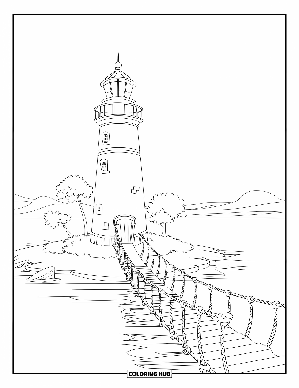 Dibujo de faro para colorear para niños: Un faro con un techo cónico se alza sobre una isla, conectado a tierra firme por un puente de madera