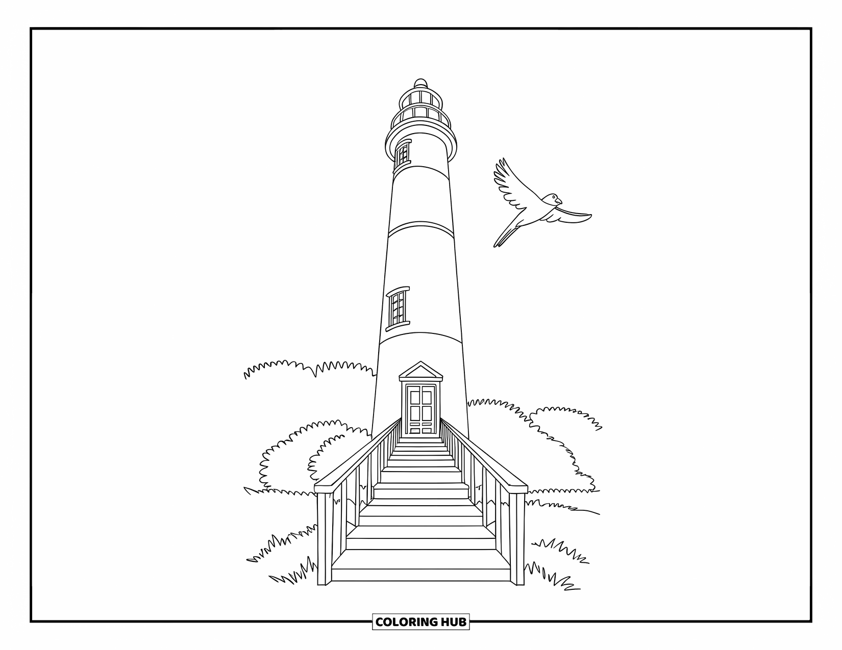 Dibujo de faro para colorear para niños: Un faro con forma cónica se alza solo, con una escalera que conduce a su entrada