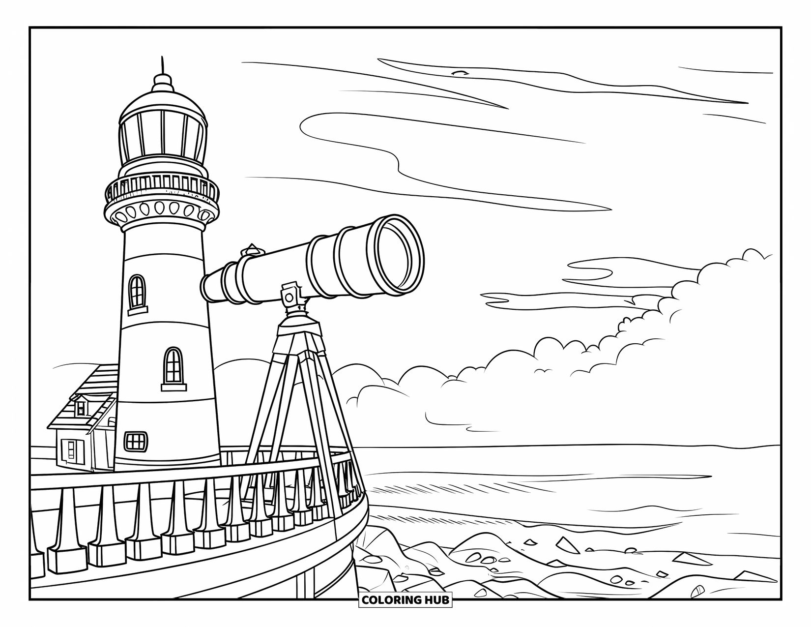 Dibujo de faro para colorear para niños: Un faro con un gran telescopio se alza junto al mar, con olas que rompen contra los acantilados
