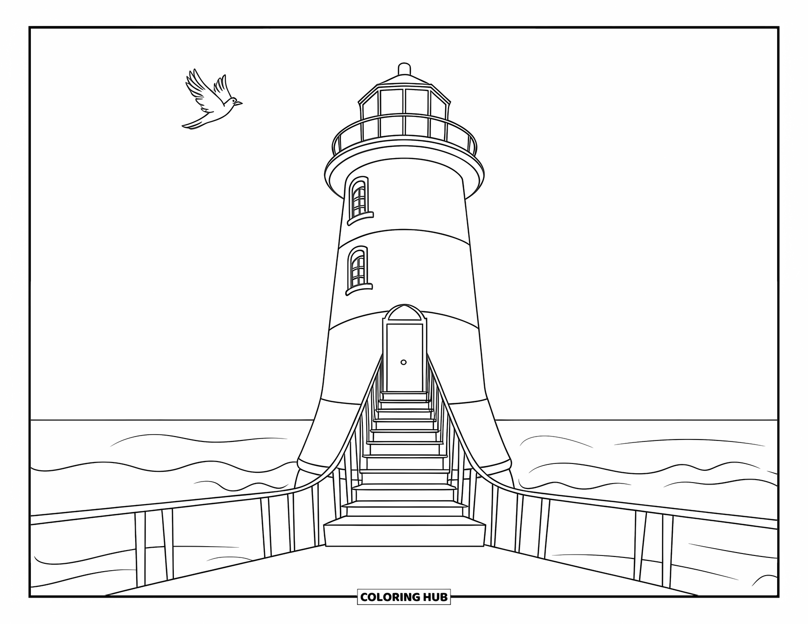 Dibujo de faro para colorear para niños: Un faro con una larga escalera domina un mar tranquilo, con un pájaro volando cerca
