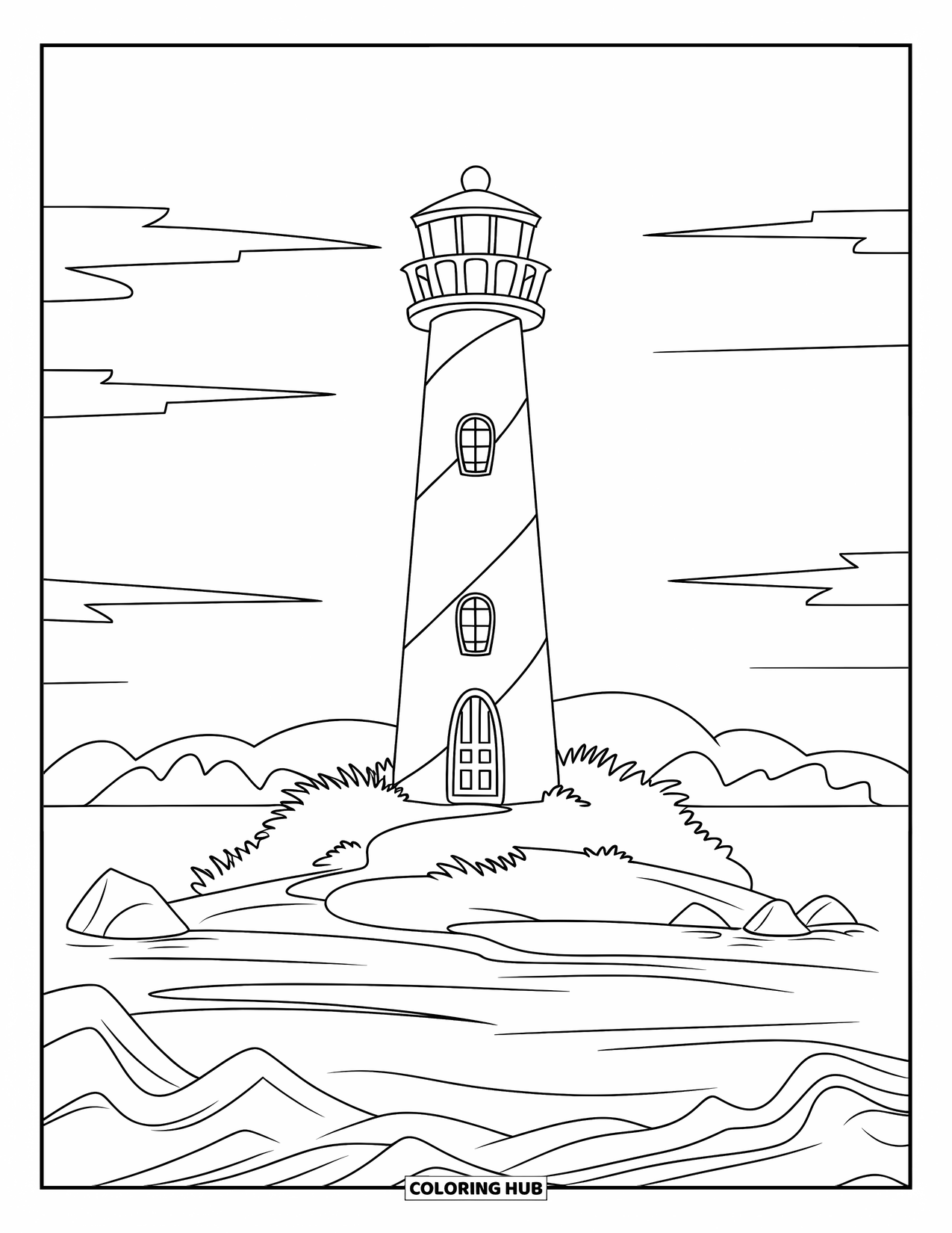 Dibujo de faro para colorear para niños: Un faro con una torre a rayas rojas y blancas se encuentra en una isla, rodeado de rocas