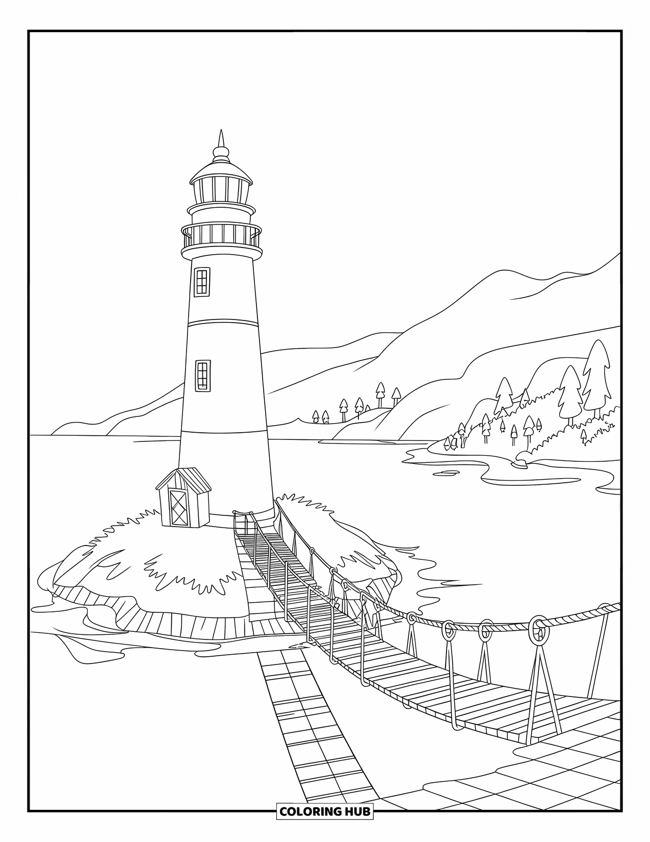 Dibujo de faro para colorear para niños: Un faro con un techo rojo se alza sobre una isla, con su puente balanceándose sobre olas suaves