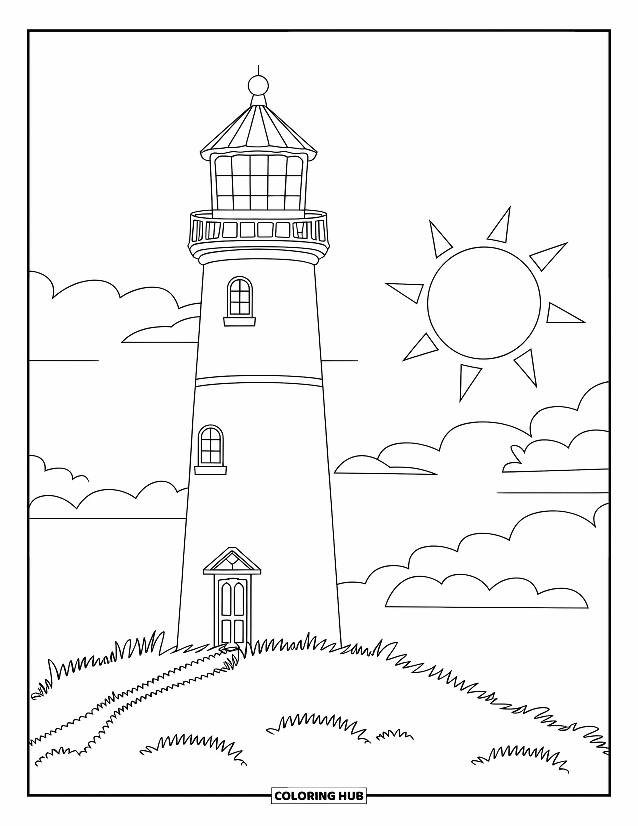 Dibujo de faro para colorear para niños: Un faro con una pequeña puerta y una ventana cerca de la parte superior domina una colina tranquila