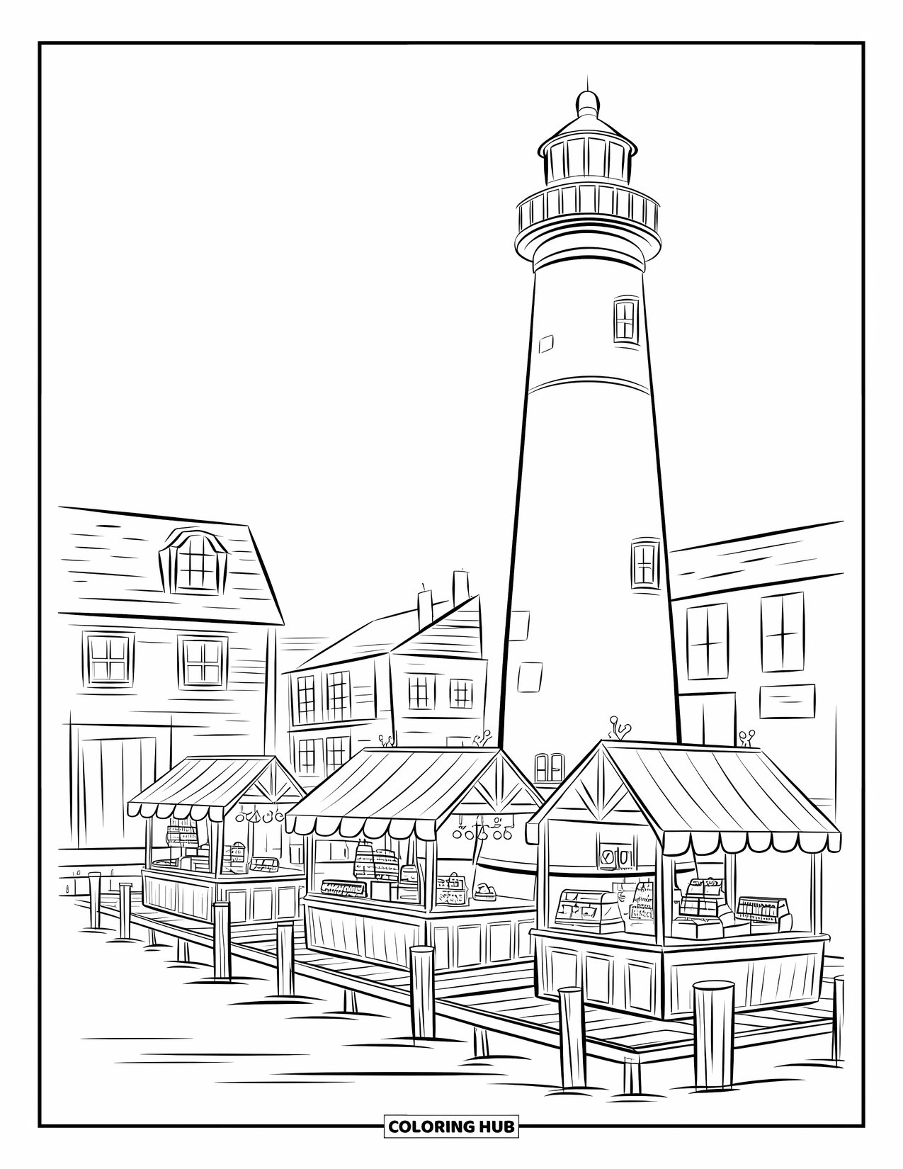 Dibujo de faro para colorear para niños: Un faro con un brillo cálido domina el mercado de un pueblo, los barcos y el bullicioso puerto