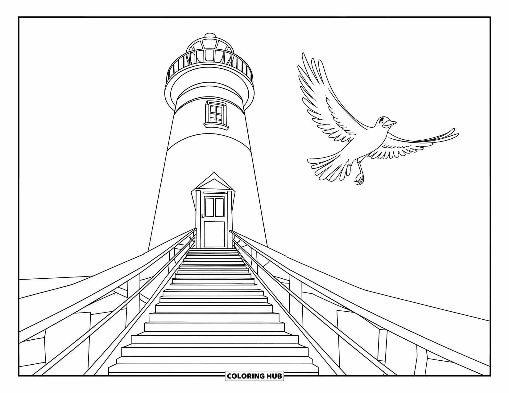 Dibujo de faro para colorear para niños: Un faro con diez escalones hasta su puerta se alza bajo un pájaro con las alas extendidas