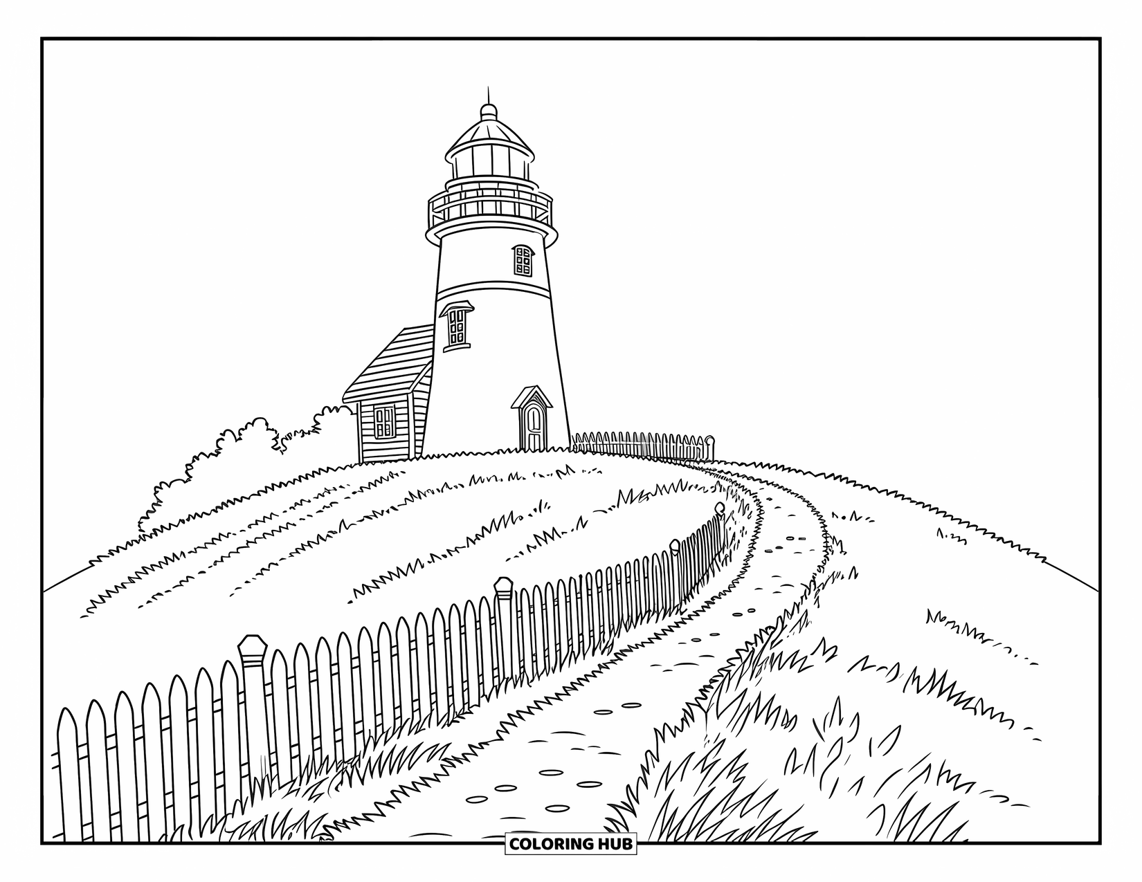 Dibujo de faro para colorear para niños: Una cerca de piquetes rodea un faro en una colina cubierta de hierba, con un camino sinuoso que conduce hacia arriba