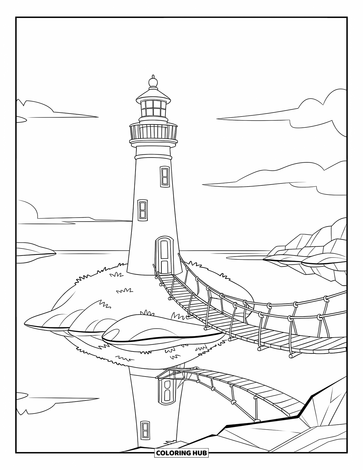 Dibujo de faro para colorear para niños: Un puente de cuerda conecta un imponente faro en una pequeña isla con el continente