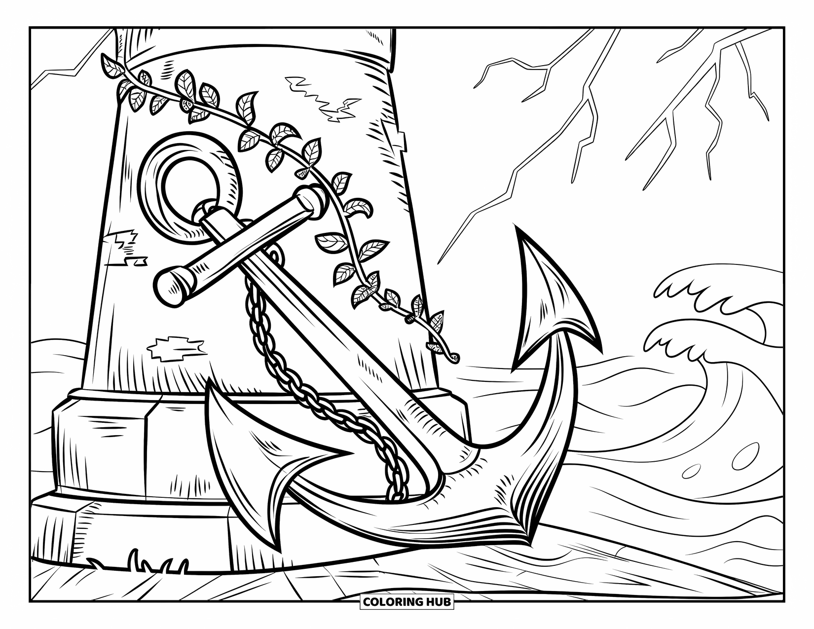 Dibujo de faro para colorear para niños: Un faro rústico con una fachada agrietada está rodeado de enredaderas enredadas y un cielo tormentoso