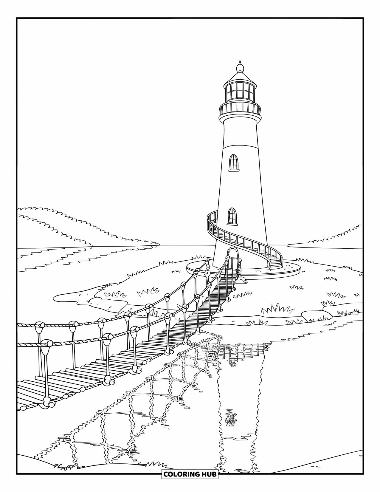 Dibujo de faro para colorear para niños: Una escalera de caracol asciende por un faro situado en una isla, conectado por un puente de cuerda